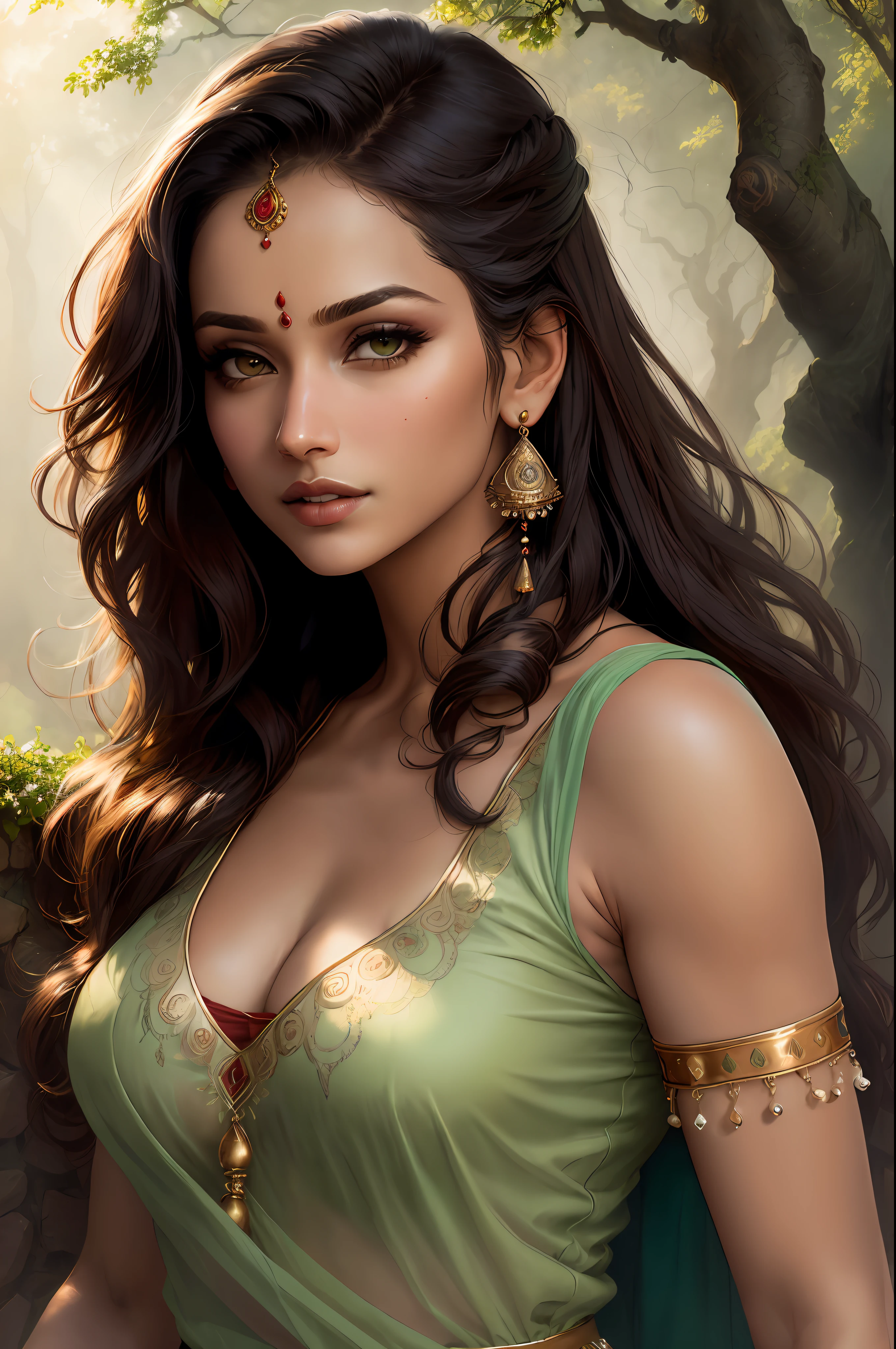 Face of Indian actress nayanthara, ((realistic:1.5)),((best quality)), ((masterpiece)),((detailed)),
(1girl), (a beautiful female),
(upper body:1.3),super-wide-angle lens,face focus,
mature,sexy,toned muscles,long legs,curvy, barefoot, cleavage,thick thighs,wide hips,
green eyes,long hair,floting hair,long eyelashes,
(detailed face,beautiful eye, detailed pupilss,detailed clothes features, clear background:1.3),
(Bindi,Jhumkas:1.3),
(Dress,Armlet, Haar, Payal,Maang Tikka,Jhumkas,Kamarband,Bangles:1.3),
mysterious ancient ruin, lush forests, deep canyons,bridge,river,cliff,cloud, lakes,rock,waterfalls, flowers, grass, fog,vine,tree, smoke,
best shadow,bright details,sharp,perfect composistion,
Intricate, Sharp focus, dramatic,
(specular lighting:1.3),rim light,
photorealistic painting art,by Frank Frazetta,by Julie Bell,by Olivia De Berardinis,by Luis Royo,by boris vallejo,