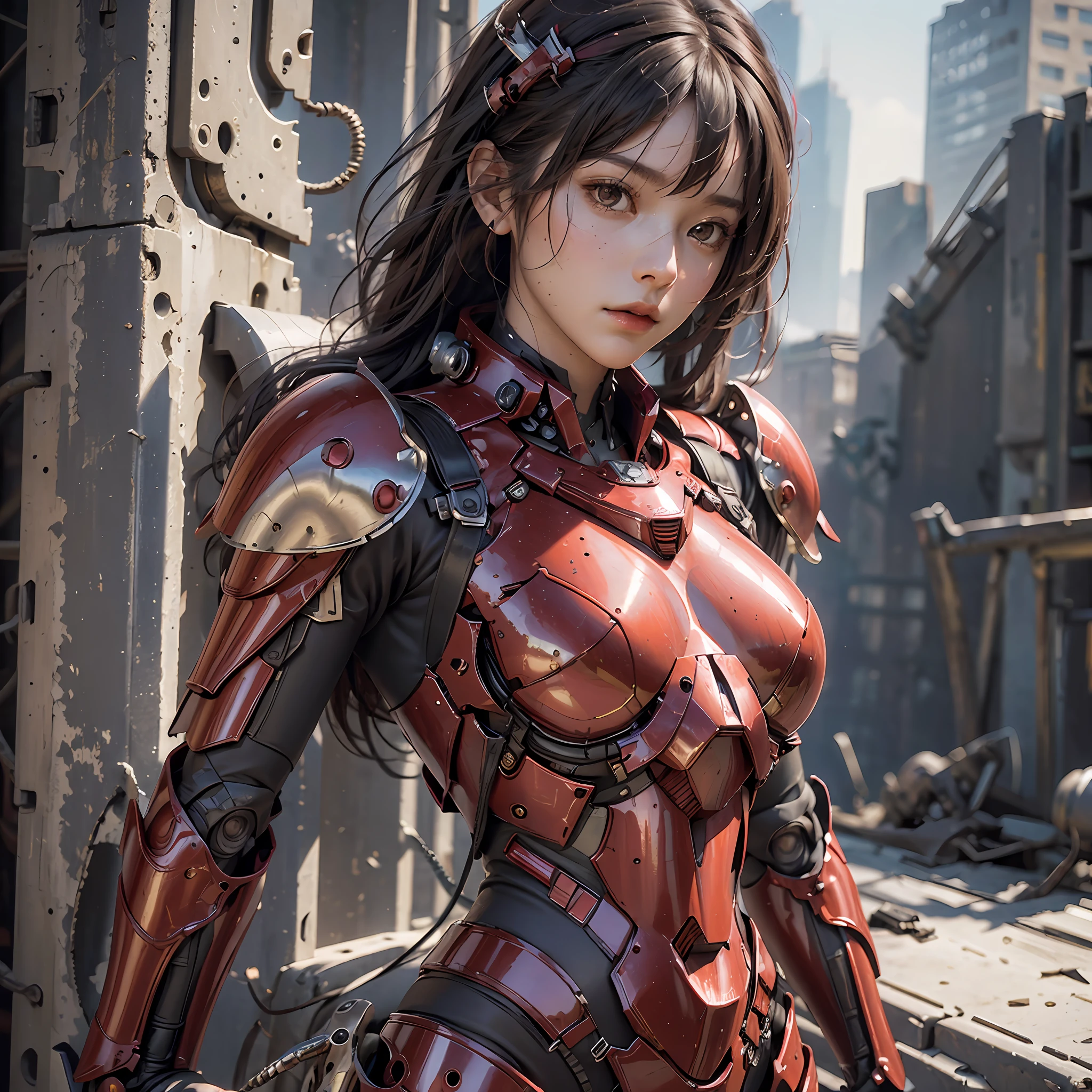 (masterpiece), (best quality), photorealism, realistic, ultra detailed, perfect face, perfect body, 1girl, beautiful girl, girl in red armor, mechanical armor, exoskeleton, stand, cool pose, sexy