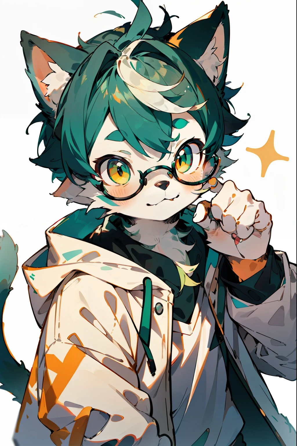 Depth of field, perfect lighting, light particles, (best quality), (masterpiece), (ultra-detailed), sharp focus, light particles, a boy in a white hoodie with black glasses, furry, (blue-green hair), beige background, sticking out tongue, selling cute, blushing, happy expression, (white animal cat ears), golden eyes