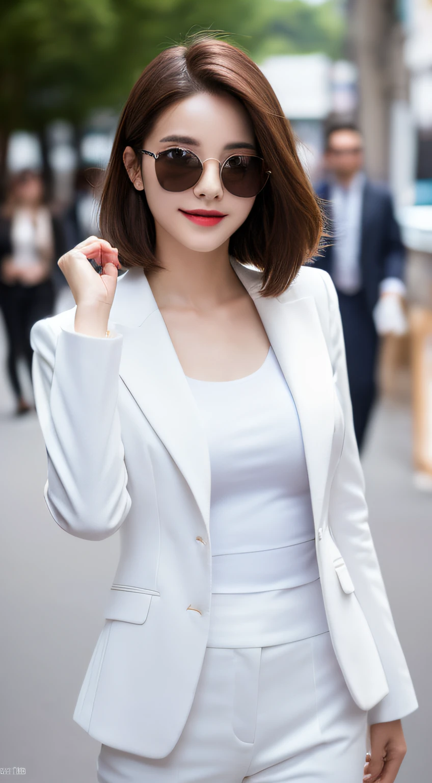 ((Best Quality, 8k, Masterpiece: 1.3)), 1 girl, smile, full body, slim face, beautiful woman, (short dark brown hair), white professional suit, ultra-detailed face wearing sunglasses, detailed eyes, double eyelids, blurred background, slim face, city, outside, street,