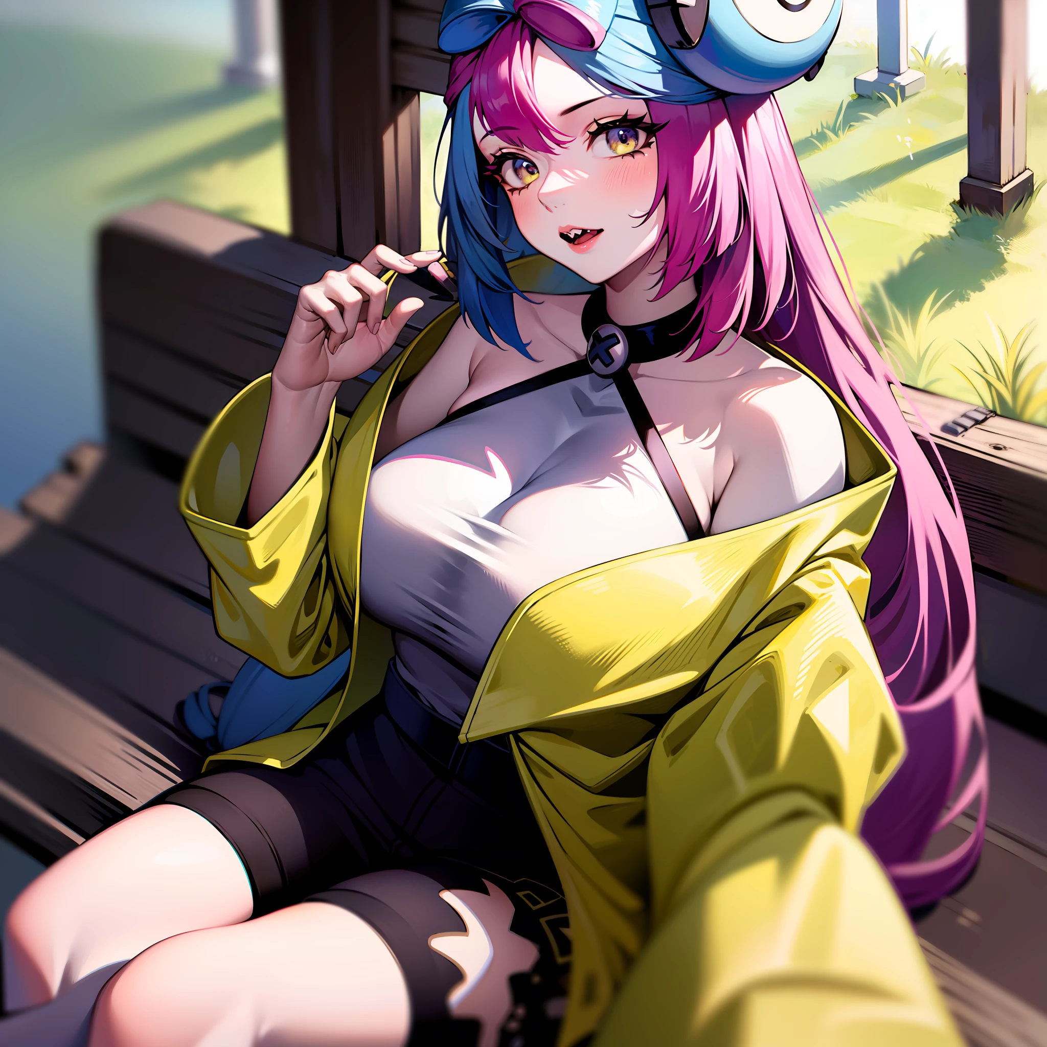 masterpiece, best quality, highres, iono1, 1girl, long hair, large breasts, yellow jacket, off shoulder,  hair ornament, bench, sitting,