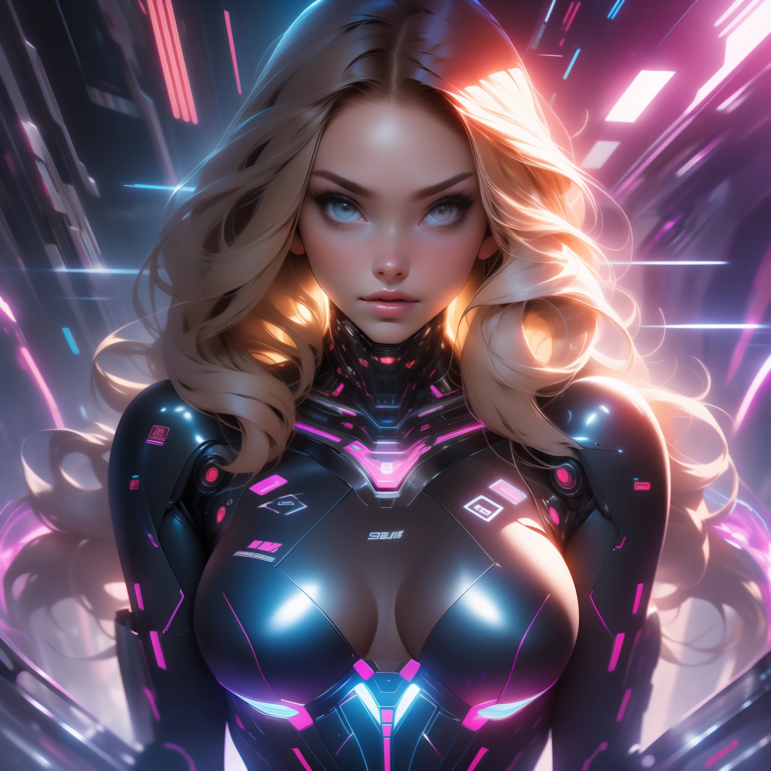 A captivating portrait of a woman in a cybernetic suit, adorned with advanced technology. The artwork highlights the fusion of human and machine elements, with holographic displays and augmented reality overlays. The composition showcases a perfect balance between futuristic aesthetics and the beauty of the human form. (Inspired by: "25-year-old European girl, raw, beautiful woman, brown hair with extra-long wavy, detailed face, detailed facial features, pale skin, high detail and deep cleavage bodycon suit, slim body, high-tech machines, advanced technology, cybernetic enhancements, holographic displays, augmented reality overlays")