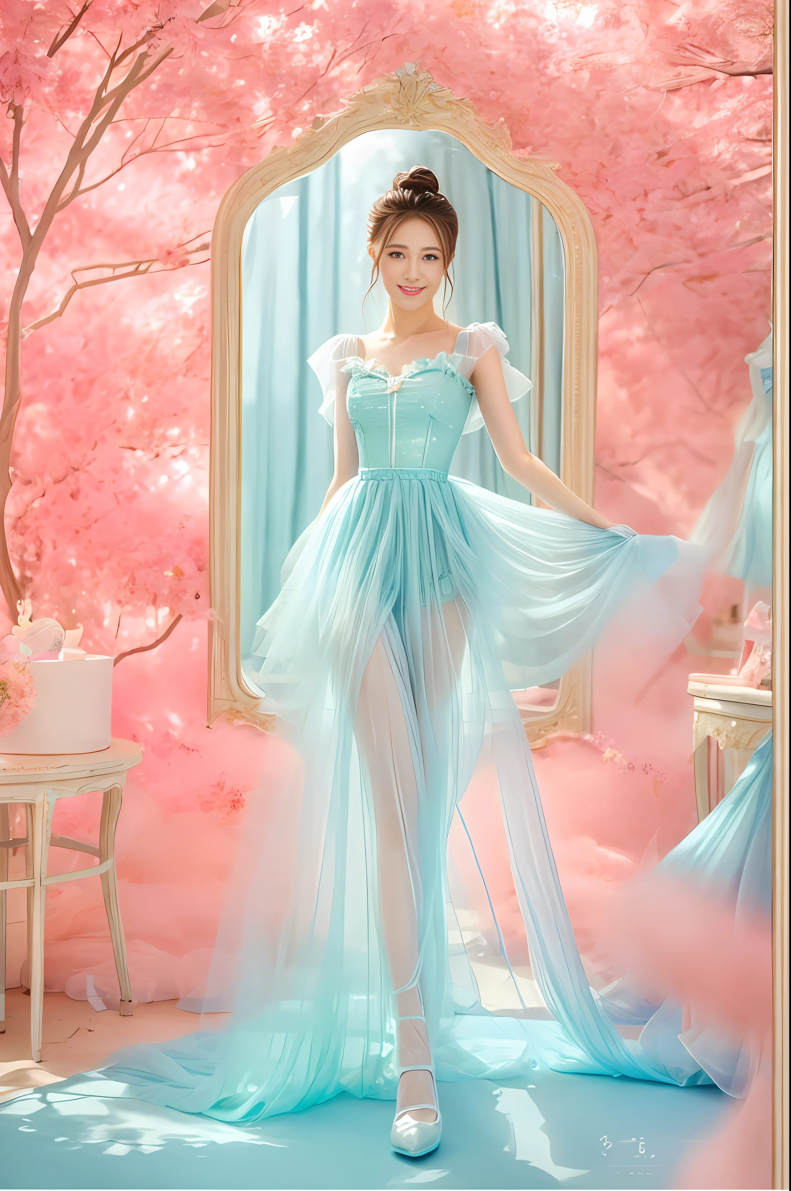 1 girl, single, (feet in the sky: 1.3), blue sky, mirror, light pink and light sky blue style, ethereal leaves, playful arrangement, fantasy, high contrast, (8K wallpaper: 1.3), realistic, octane rendering, surreal, (skin dents: 1.5), (realistic face: 1.2), sharp focus, masterpiece, (best quality), (mirror illumination: 0.5), light on the face, sharp face, long hair, light makeup, smile: 1.2, cute, (after fingering: 0.1), (long tulle: 0.6), wind, bun, (leg cover: 1.3),