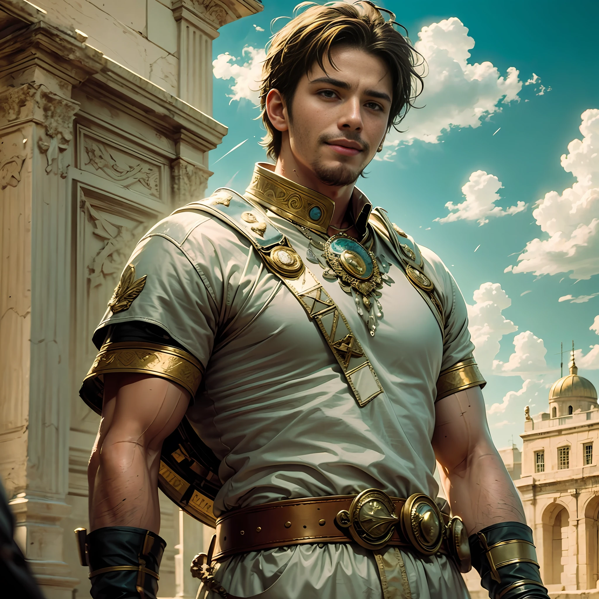 Masterpiece, highest quality, high resolution, high fine, ultra-detailed, realistic, cinema, the youth of Constantine the Great, Roman emperor, Nicomedia court, military training of the Roman imperial army, sweat, smiling mouth, eyes like a lion, broad shoulders, thick shoulders, gymnasium bathed in sunlight, clear blue sky, fresh breeze,