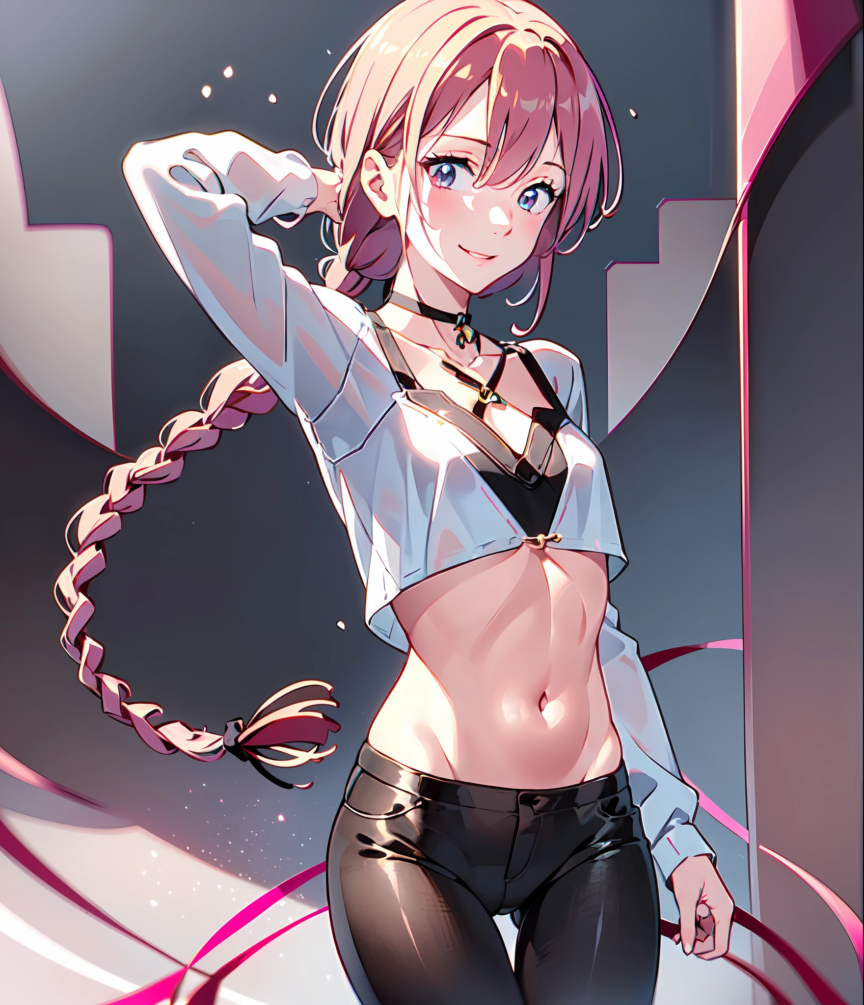 1girl, (solo:1.2), ((masterpiece)), slim, small chest, pale skin, ((detailed eyes)), (bokeh effect), (dynamic angle), dynamic pose, (pink hair), braids, black pants, smile, (mischievous), evil, mage, magic, tiara, (white top:1.5), (medium shot)