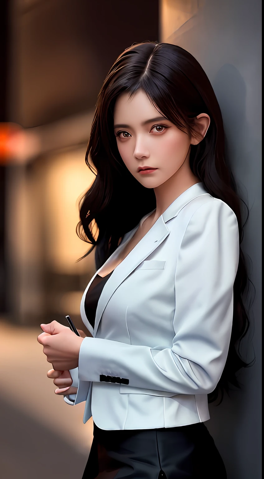 Best Quality, Masterpiece, 1 Girl, Beautiful Face, (Photo Realistic:1.3), Edge Lighting, (High Detail Skin:1.2), 8K Ultra HD, DSLR, High Quality, High Resolution, 4K, 8K, Bokeh, Ridious, Best Ratio Four Fingers and One Thumb, (Realistic:1.3), Cute 1Girl, Wearing Black Formal Blazer, Medium Tits, Short Skirt, Sad Expression