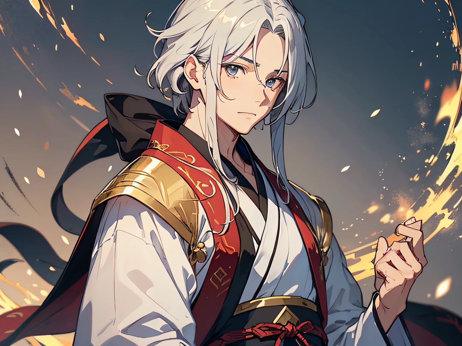 a man in Hanfu, gold and silver hair, God-like, plain background