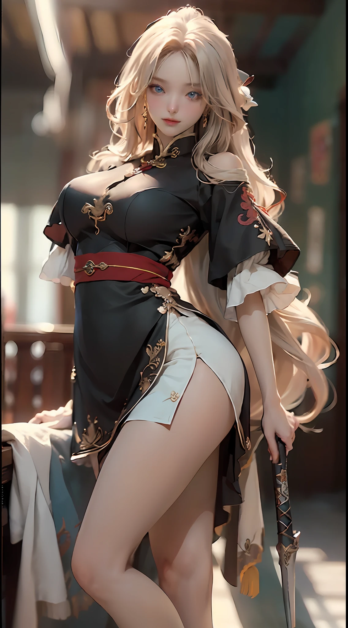 ((Best Quality)), ((Masterpiece)), (Details: 1.4), 3D, Realistic, 1girl, Battle Nun, Sexy Body, Sexy Pose, Sexy Modeling, Sexy Expression, Delicate Facial Features, Blue Eyes, Brown and Blonde Hair, Long Hair, Ultrafine Hair, Floating Hair, Plump Chest, Tight and Upturned Buttocks, Black High Fork Tight Long Skirt, Gold and Red Embroidery, Light Tight White Stockings, Black Block Heeled High Heels, Holding a Cold Weapon, Figures in the Center of the Frame, Chinese Dragon Elements in the Background, 8K UHD, DSLR, High Quality, Fantasy, HDR (High Dynamic Range), Ray Tracing, NVIDIA RTX, Super-Resolution, Unreal 5, Subsurface Scattering, PBR Textures, Post-processing, Anisotropic Filtering, Depth of Field, Maximum Sharpness and Sharpness, Multi-layer Textures, Albedo and Highlight Maps, Surface Coloring, Accurate Simulation of Light-Material Interactions, Perfect Proportions, Octane Render, two-color light, large aperture, low ISO, white balance, rule of thirds, 8K RAW,