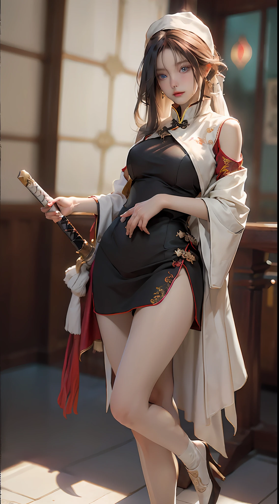 ((Best Quality)), ((Masterpiece)), (Details: 1.4), 3D, Realistic, 1girl, Battle Nun, Sexy Body, Sexy Pose, Sexy Modeling, Sexy Expression, Delicate Facial Features, Blue Eyes, Brown and Blonde Hair, Long Hair, Ultrafine Hair, Floating Hair, Plump Chest, Tight and Upturned Buttocks, Black High Fork Tight Long Skirt, Gold and Red Embroidery, Light Tight White Stockings, Black Block Heeled High Heels, Holding a Cold Weapon, Figures in the Center of the Frame, Chinese Dragon Elements in the Background, 8K UHD, DSLR, High Quality, Fantasy, HDR (High Dynamic Range), Ray Tracing, NVIDIA RTX, Super-Resolution, Unreal 5, Subsurface Scattering, PBR Textures, Post-processing, Anisotropic Filtering, Depth of Field, Maximum Sharpness and Sharpness, Multi-layer Textures, Albedo and Highlight Maps, Surface Coloring, Accurate Simulation of Light-Material Interactions, Perfect Proportions, Octane Render, two-color light, large aperture, low ISO, white balance, rule of thirds, 8K RAW,