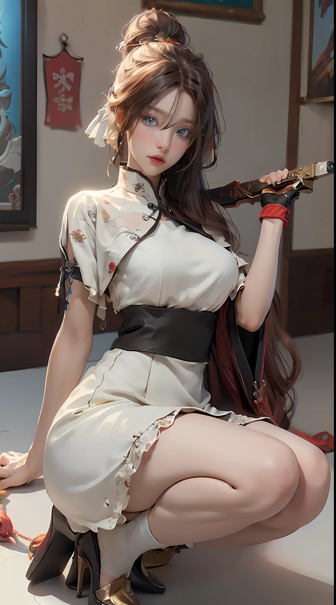 ((Best Quality)), ((Masterpiece)), (Details: 1.4), 3D, Realistic, 1girl, Battle Nun, Sexy Body, Sexy Pose, Sexy Modeling, Sexy Expression, Delicate Facial Features, Blue Eyes, Brown and Blonde Hair, Long Hair, Ultrafine Hair, Floating Hair, Plump Chest, Tight and Upturned Buttocks, Black High Fork Tight Long Skirt, Gold and Red Embroidery, Light Tight White Stockings, Black Block Heeled High Heels, Holding a Cold Weapon, Figures in the Center of the Frame, Chinese Dragon Elements in the Background, 8K UHD, DSLR, High Quality, Fantasy, HDR (High Dynamic Range), Ray Tracing, NVIDIA RTX, Super-Resolution, Unreal 5, Subsurface Scattering, PBR Textures, Post-processing, Anisotropic Filtering, Depth of Field, Maximum Sharpness and Sharpness, Multi-layer Textures, Albedo and Highlight Maps, Surface Coloring, Accurate Simulation of Light-Material Interactions, Perfect Proportions, Octane Render, two-color light, large aperture, low ISO, white balance, rule of thirds, 8K RAW,