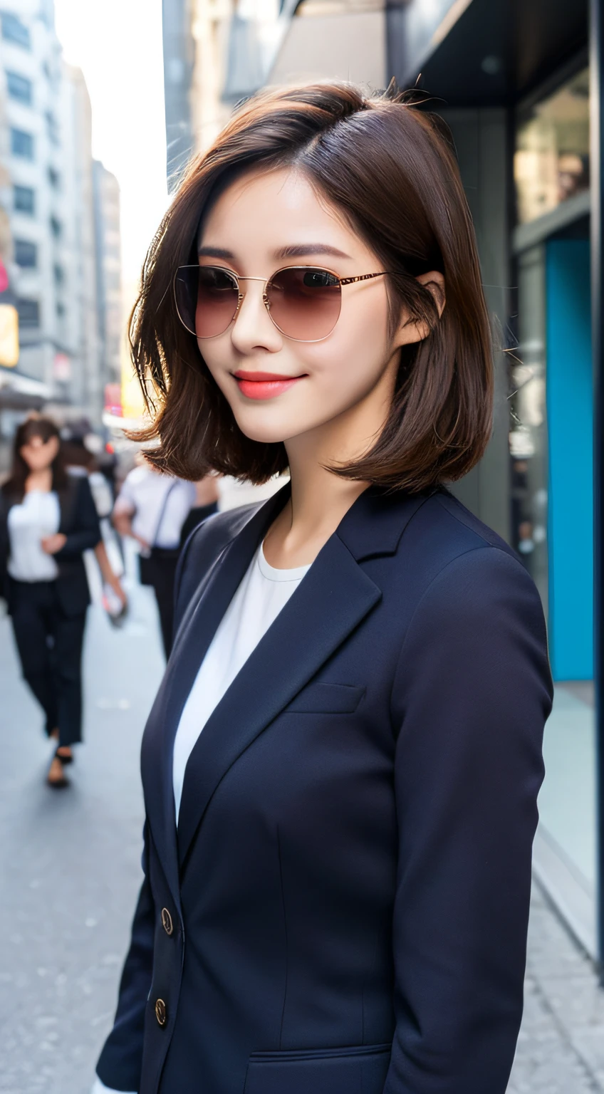 ((Best Quality, 8K, Masterpiece: 1.3)), 1 girl, smile, full body, slim face, pretty woman, (short dark brown hair), sky blue professional suit, super detailed face with sunglasses, detailed eyes, double eyelids, blurred background, slim face, city, outside, street,