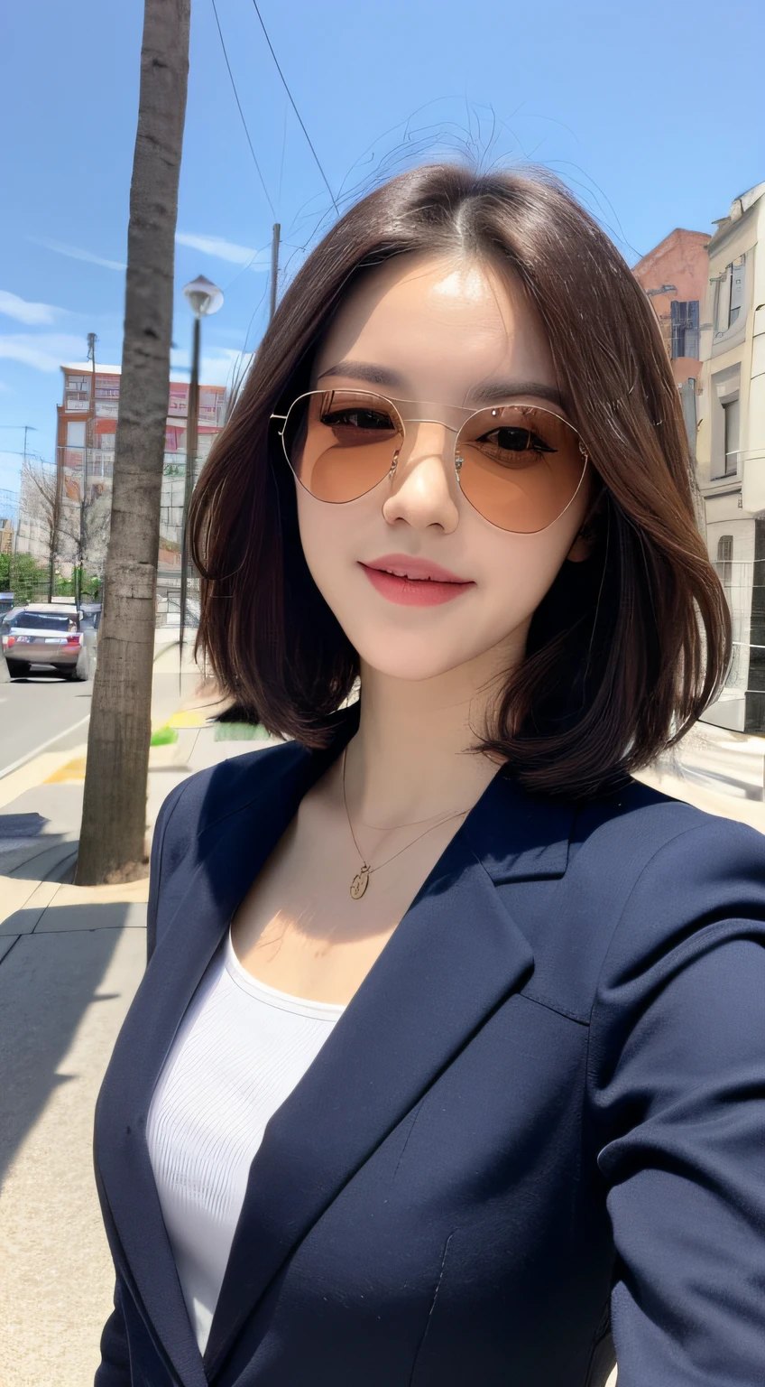 ((Best Quality, 8K, Masterpiece: 1.3)), 1 girl, smile, full body, slim face, pretty woman, (short dark brown hair), sky blue professional suit, super detailed face with sunglasses, detailed eyes, double eyelids, blurred background, slim face, city, outside, street,