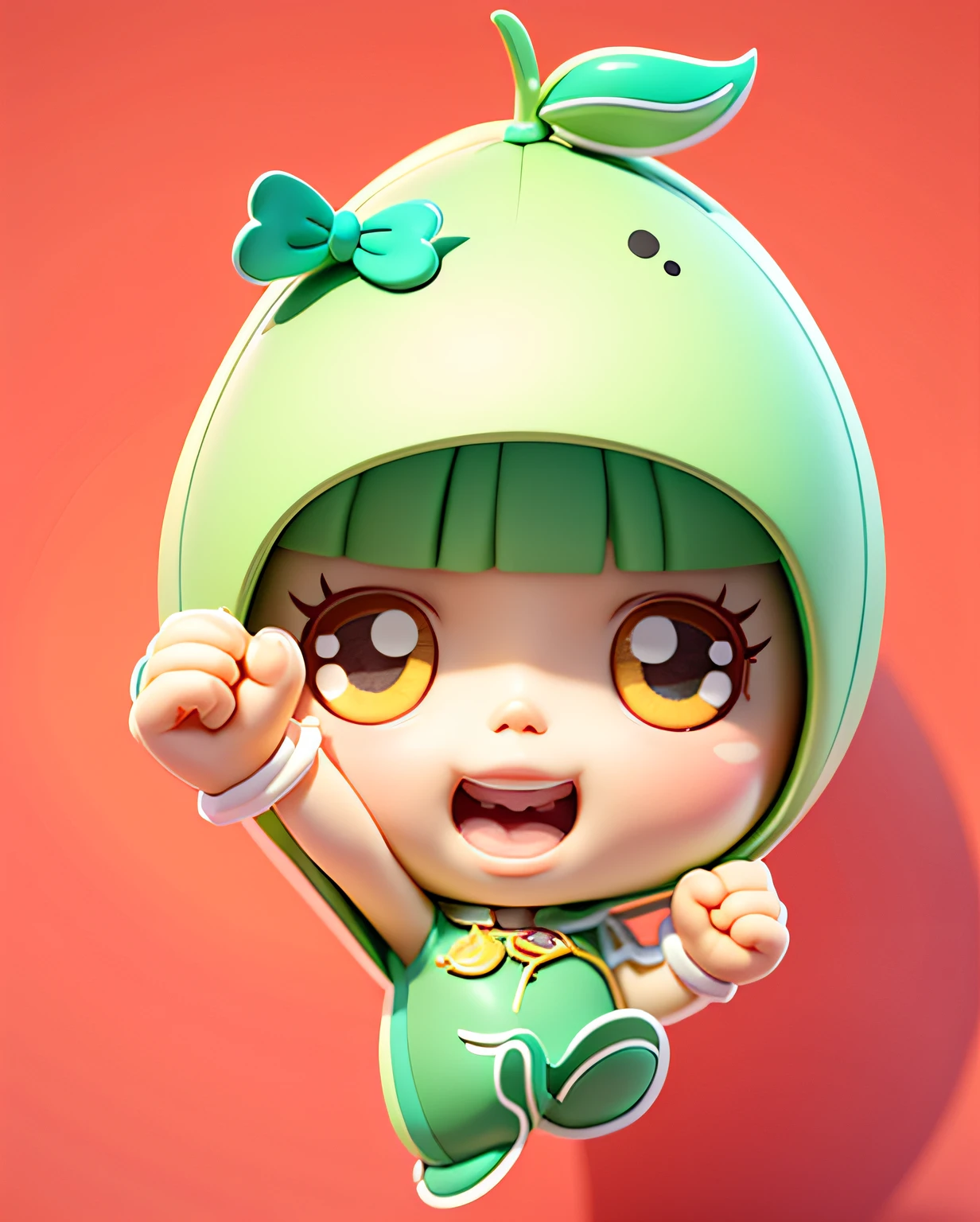 little girl, yuzu hat, grapefruit, green, soft ,big eyes, one eye closed, bright pupil, anime, blind box toy style, CG, anime style 3D,3D rendering,perspective, gaze level, ultra hd, retina, masterpiece, ccurate, textured skin, super detail, best quality, high resolution, hd, 4K, 8k (beautiful detailed face), (beautiful detail eyes),
