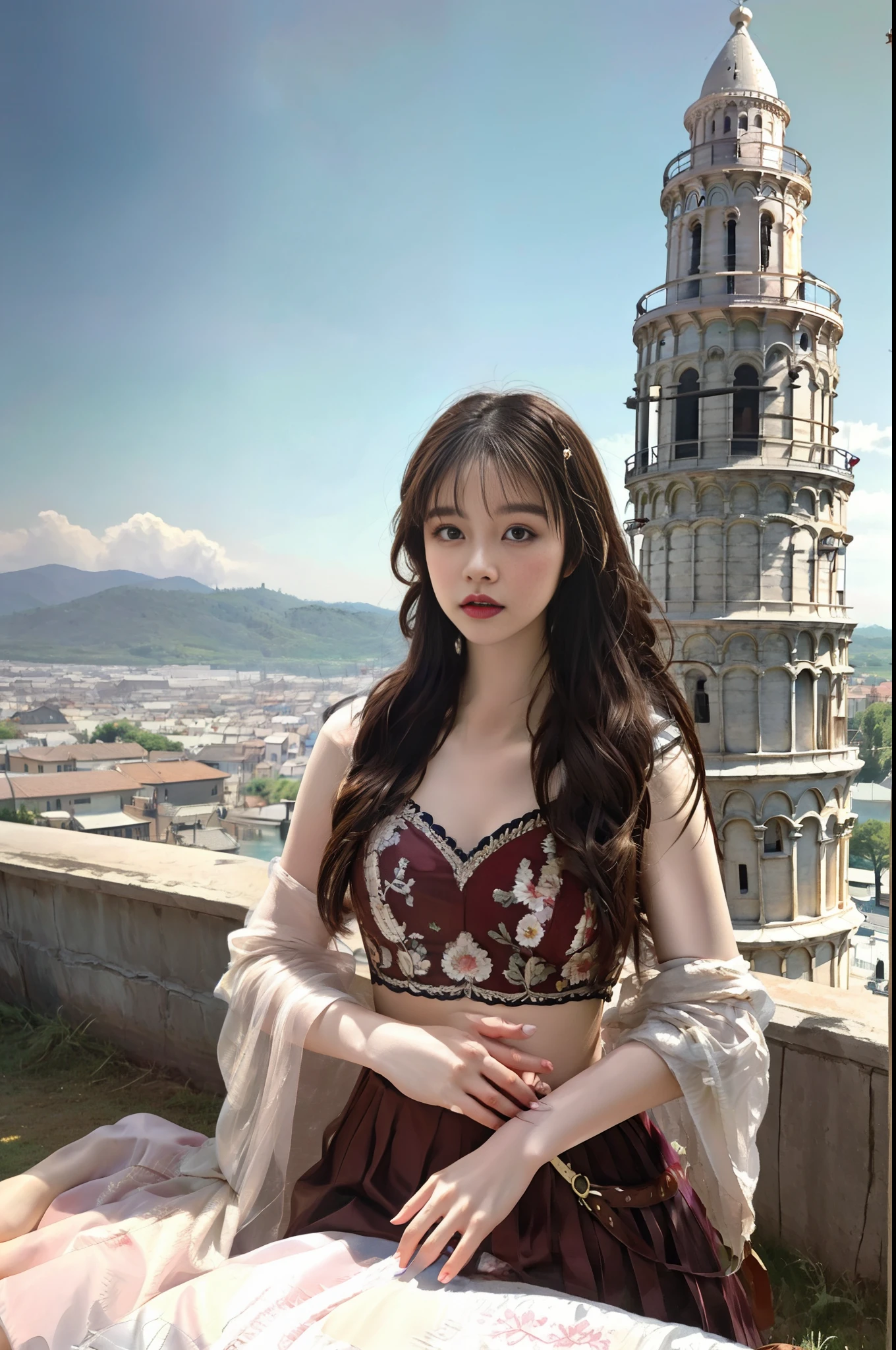 modelshoot style, (extremely detailed CG unity 8k wallpaper),full shot body photo of the most beautiful artwork in the world, stunningly beautiful photo realistic cute women intricately detailed costume, navel,princess eyes,(Leaning Tower Of Pisa background), professional majestic oil painting by Ed Blinkey, Atey Ghailan, Studio Ghibli, by Jeremy Mann, Greg Manchess, Antonio Moro, trending on ArtStation, trending on CGSociety, Intricate, High Detail, Sharp focus, dramatic, photorealistic painting art by midjourney and greg rutkowski