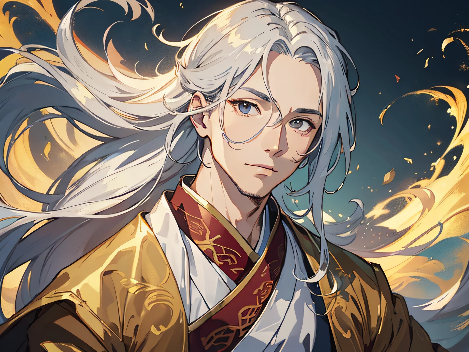 a man in Hanfu, gold and silver hair, God-like, plain background