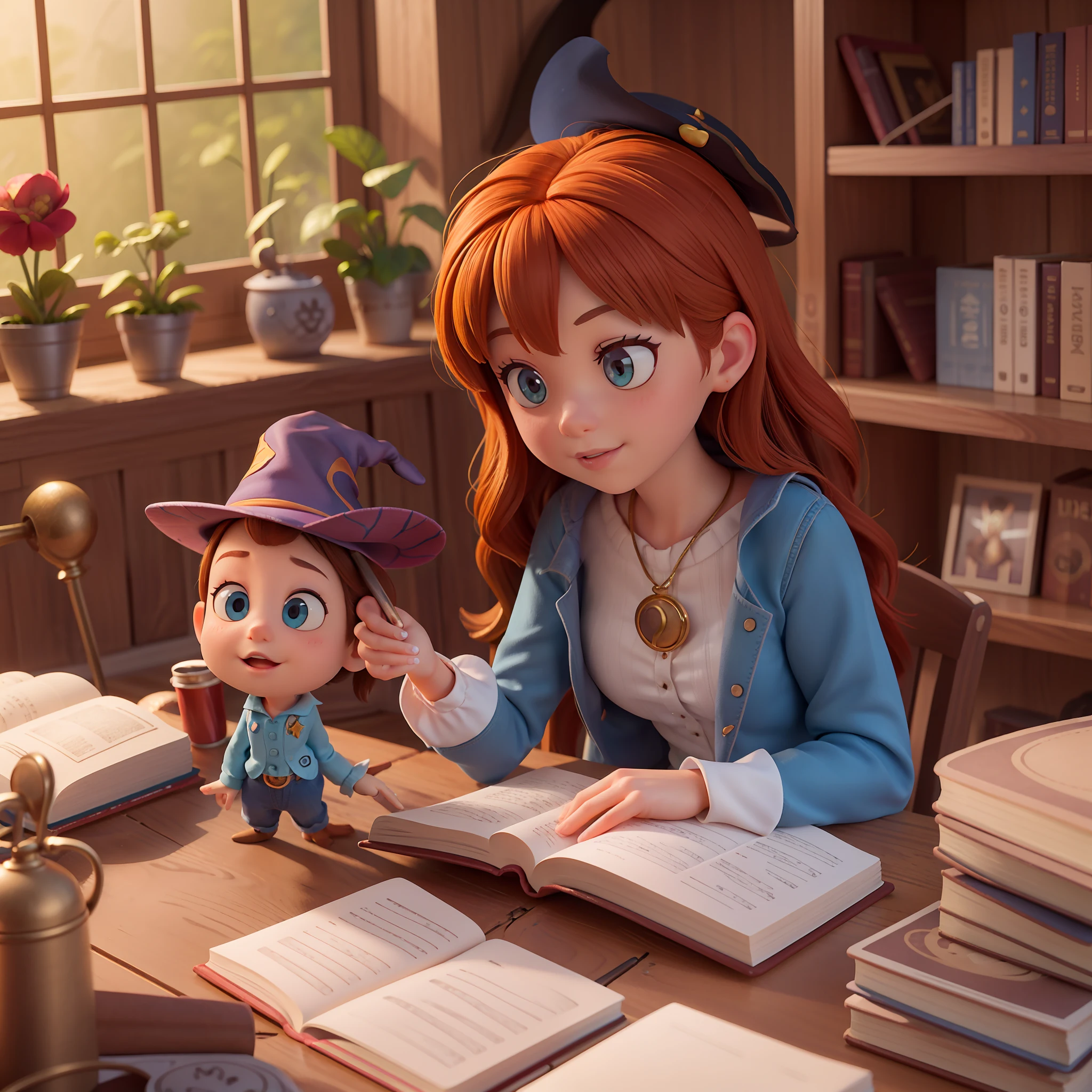 a cute pixar witch in a pixar library, pixar, sun light, warm color background