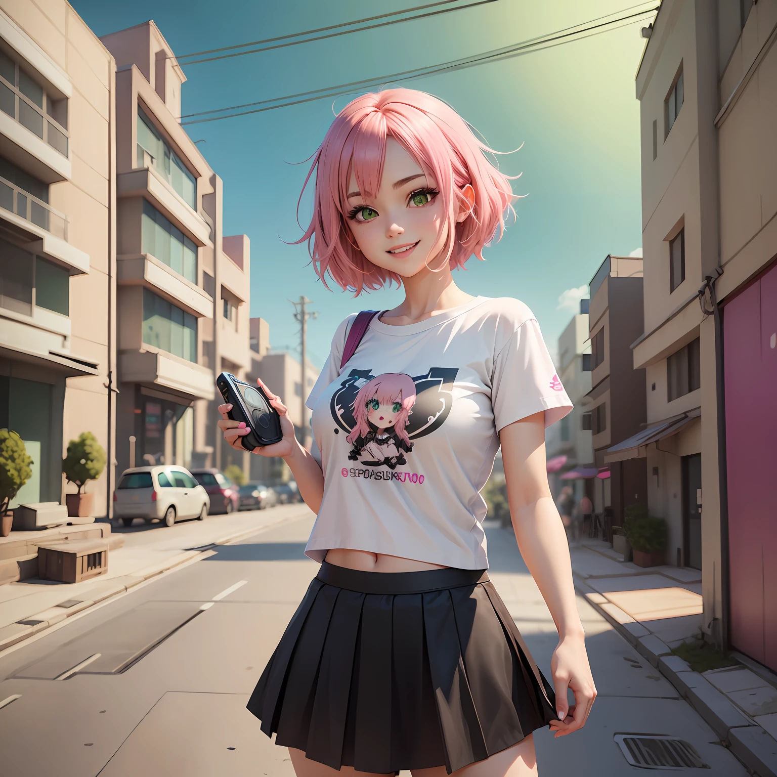 Anime girl wearing short skirt, Live2d virtual youtuber model, anime vtuber full body model, sayori, cute 3d render of anime girl, Yayoi Haruhi, pink double-tailed hair and red eyes, Pudica pose gesture, single character full body, April rendering, Sakura Haruno --auto