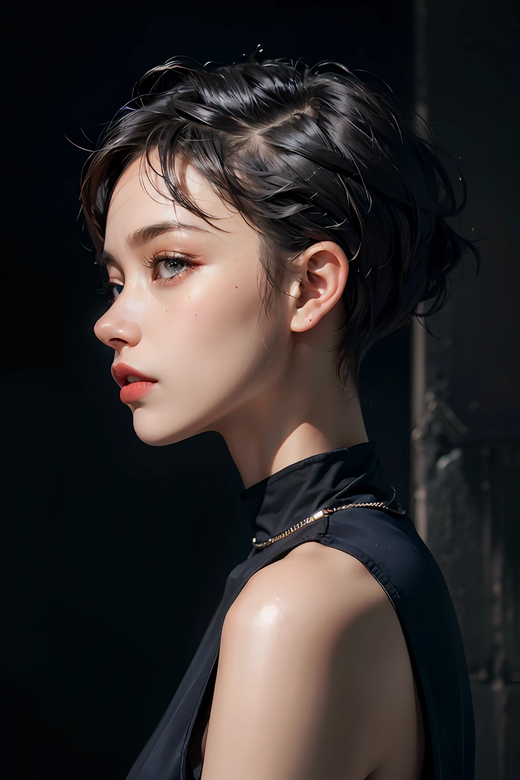 a 30 yo woman,(hi-top fade:1.3),long hair,dark theme, soothing tones, muted colors, high contrast, (natural skin texture, hyperrealism, soft light, sharp),