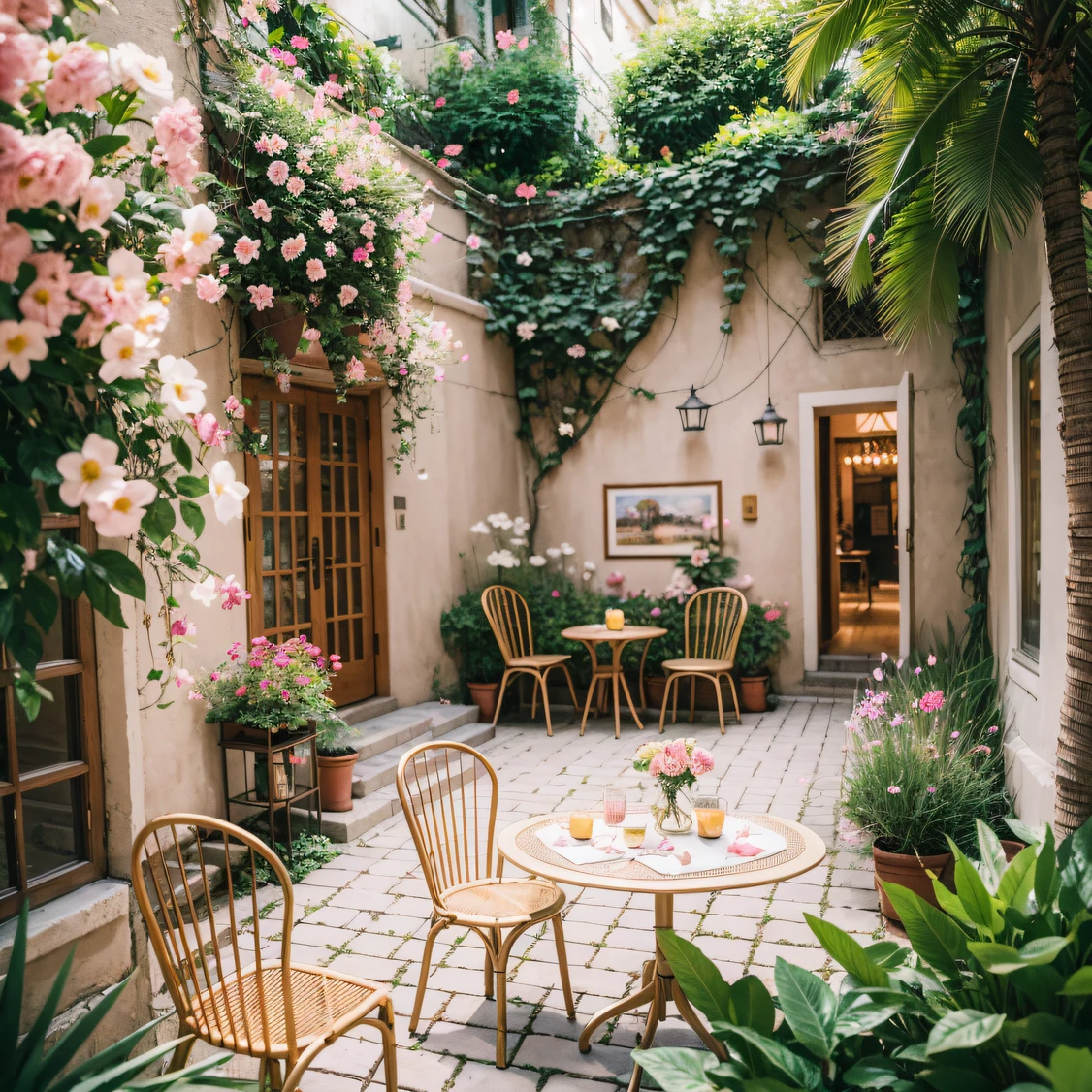The courtyard is like a fairy tale and blends Thai flair with girly romance. A path full of pink flowers leads to a special corner where a gorgeous rattan chair and a lovely round table create a dream refreshment time for you. The courtyard is surrounded by colorful flowers, each of which exudes a sweet fragrance. In this childlike and romantic courtyard, create memories with friends or lovers! ,masterpiece, best quality,8k, ultra highres,