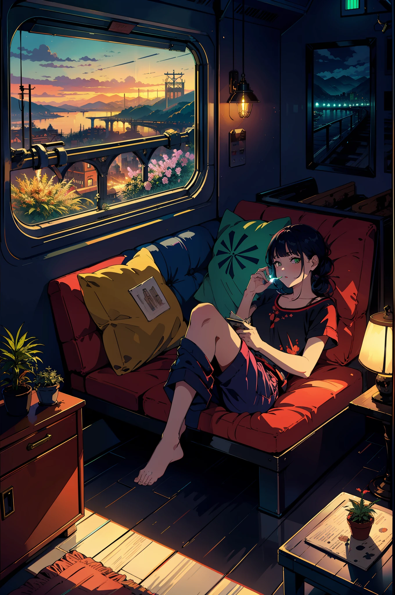 masterpiece, high quality, train, train compartment, exquisite interior, window view, bridge, sea, mountains, dawn, city, neon light, night, bed, sofa, pillows, sconces, neon garland, flowers, hemp, smoke marijuana