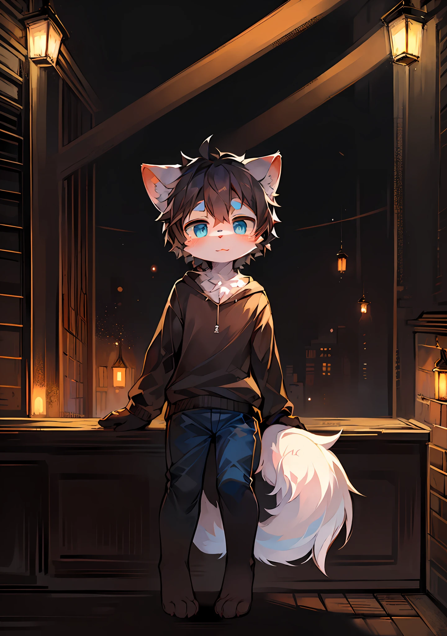 (Dark Environment: 0), Masterpiece, High Quality, Abstract Res, Digital Painting\ (Artwork), by Dagasi, Yupa, Kiyosan, (Anthro, Fluffy Fur, Character Focus: 1.1), Anthro Male Cat, Short Hair, Portrait, Bright eyes, panorama, character focus. (detailed background: 0.7), solo, furry, furry male, male focus, anthr, (full body fur, fluffy tail, white fur, blue eyes, black hair: 1.2), (long canid) daytime white fur all over