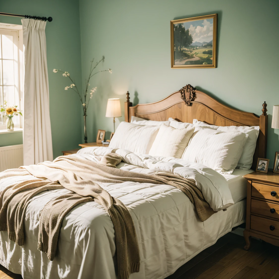 This is a bedroom full of American country style, exuding a warm and romantic atmosphere. Delicate solid wood furniture and flower-patterned fabric linens make you feel like you're in a sunny farmhouse. Antique clocks and bird ornaments on the bedside table add a unique quaint charm to the room. The curtain by the window gently blows, and the breeze caresses your cheeks, making people feel infinite peace and serenity. In this warm space, enjoy a deep sleep in the countryside. ,masterpiece, best quality,8k, ultra highres,