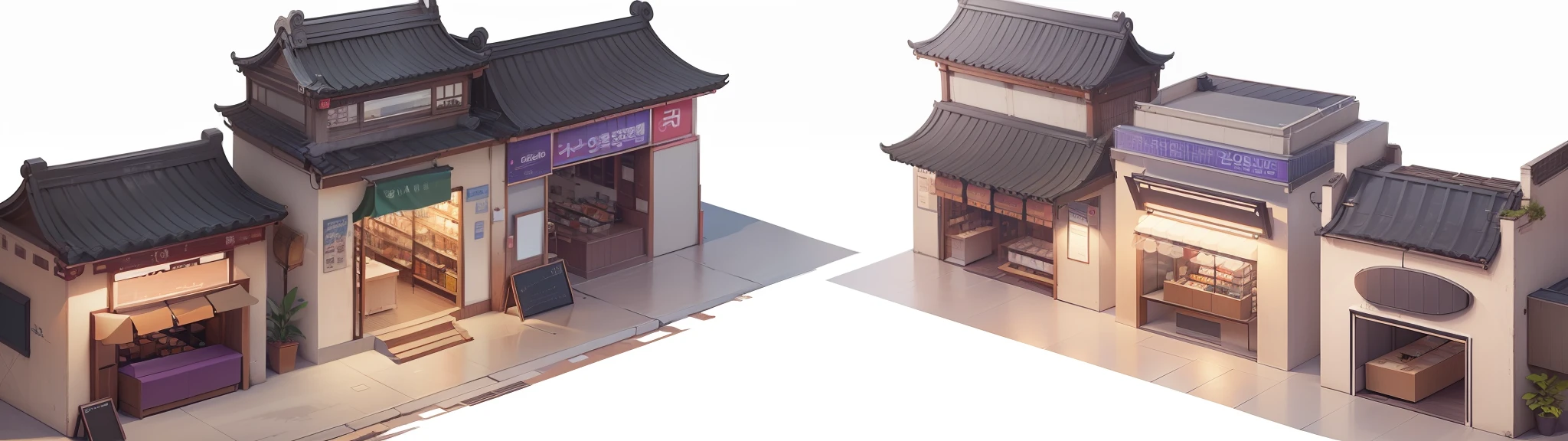 Commercial Street, Gangnam Street, Lee Jae's Concept Art, Gray Purple Roof, Pixiv, Light Source Center, Chinese Architecture, Ruina Library Concept Art, Small Building, High Detail Store, Extremely Detailed Building, Convenience Store, Store, Dusk, White Background