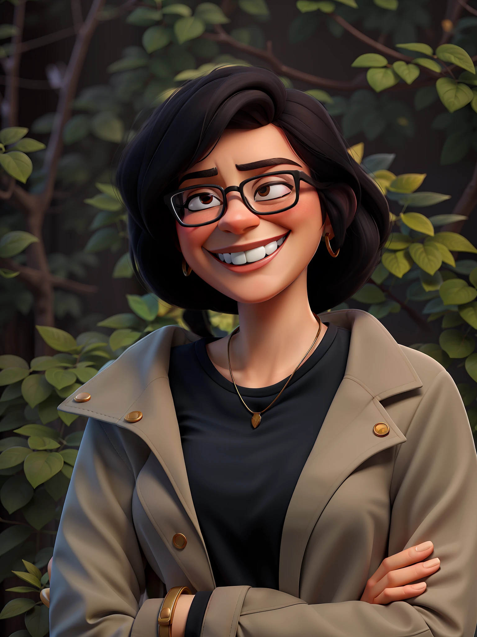 HD, (Best Detail) (Best Quality), Two-dimensional, cartoon, smiling woman standing in front of bushes with glasses and black shirt,