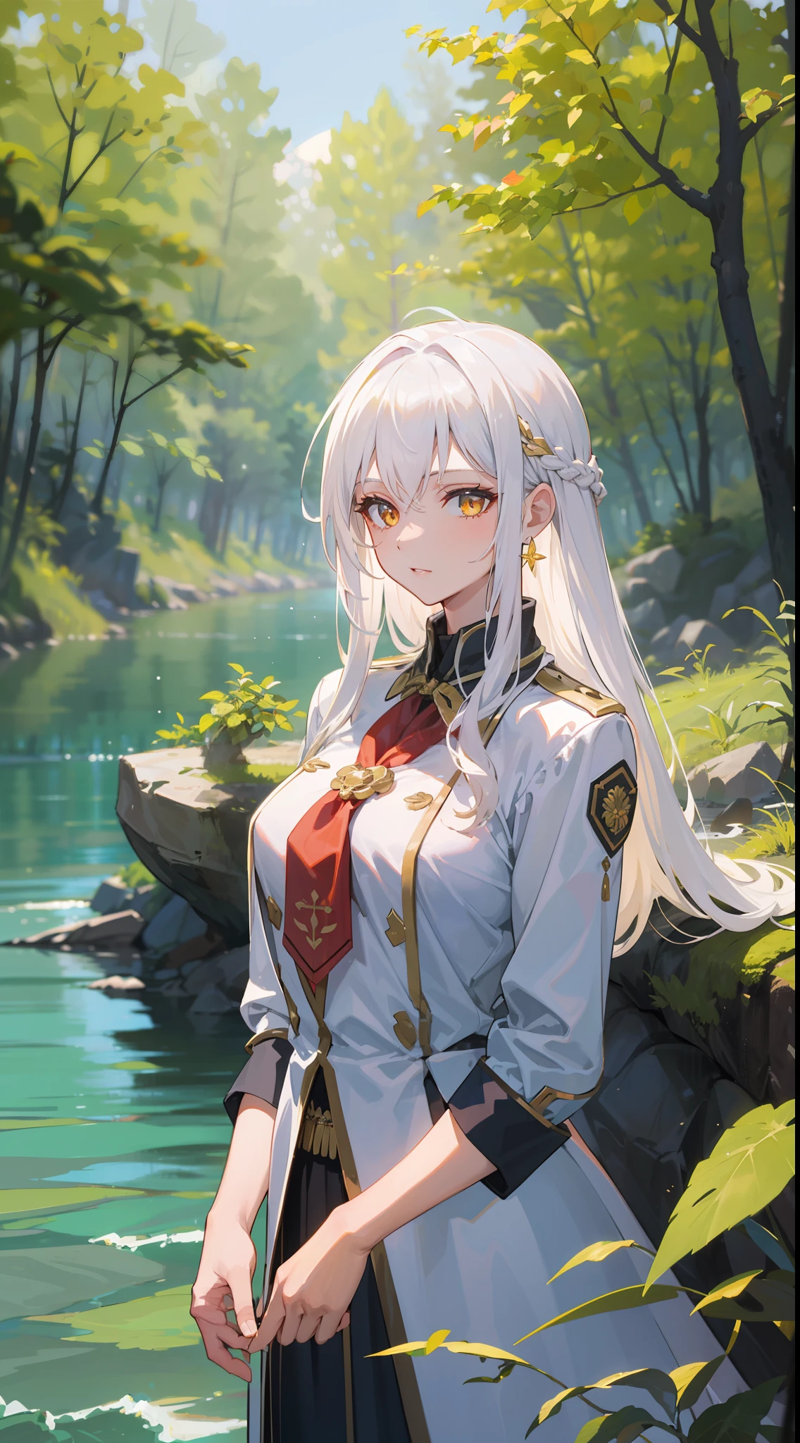 In the middle of the forest, a flowing white-haired girl, golden eyes, sat by the river, she was very beautiful, she was a goddess of beauty, wearing goddess uniform, 8k