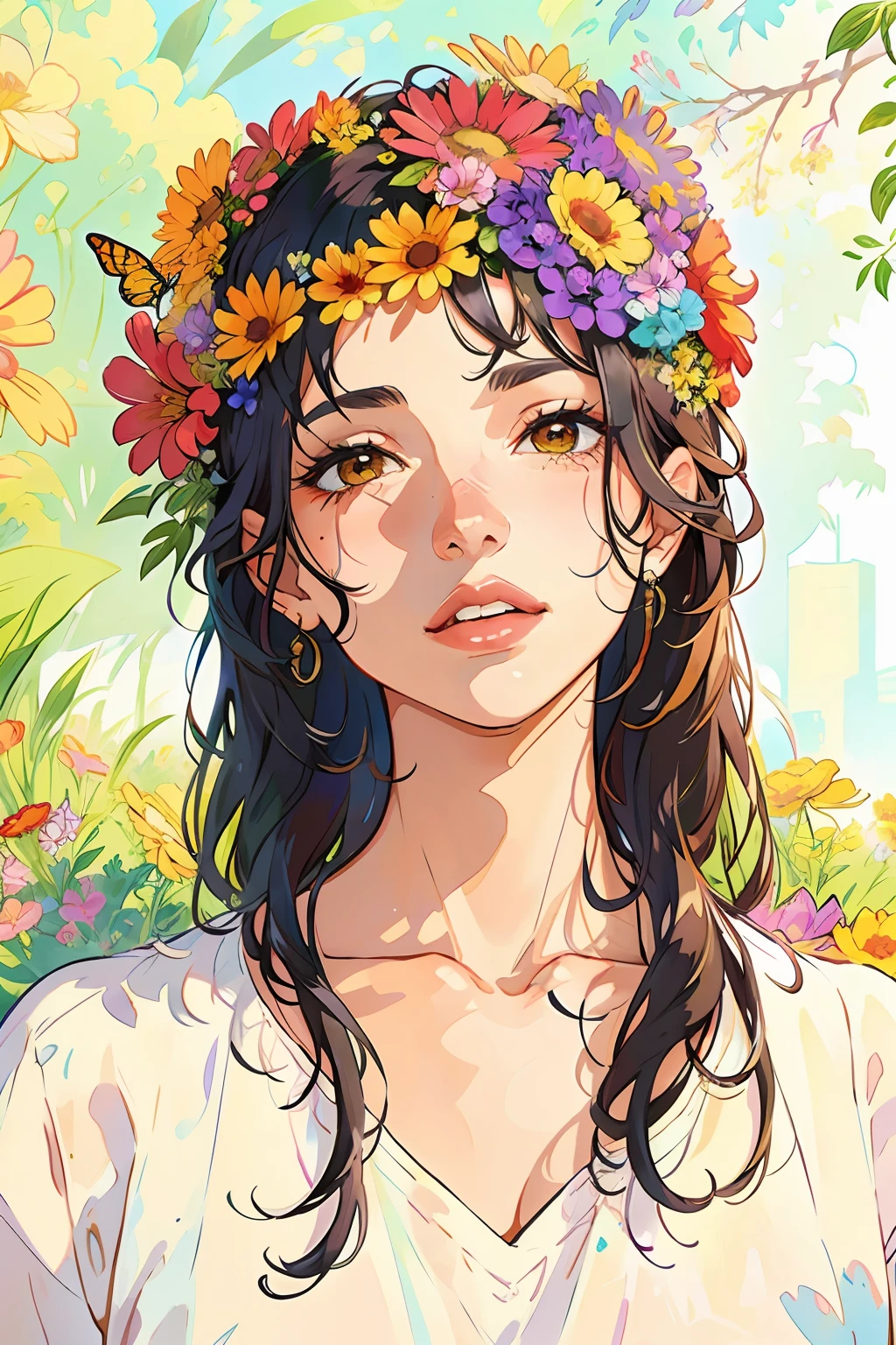 HD, (Best Details) (Best Quality), (Illustration), (((Flowers))), ((Hair Decorating Flowers))), ((Surrounded by Flowers))), Garden, Flower and Plant Background, Butterfly, There is a woman with a flower crown on her head