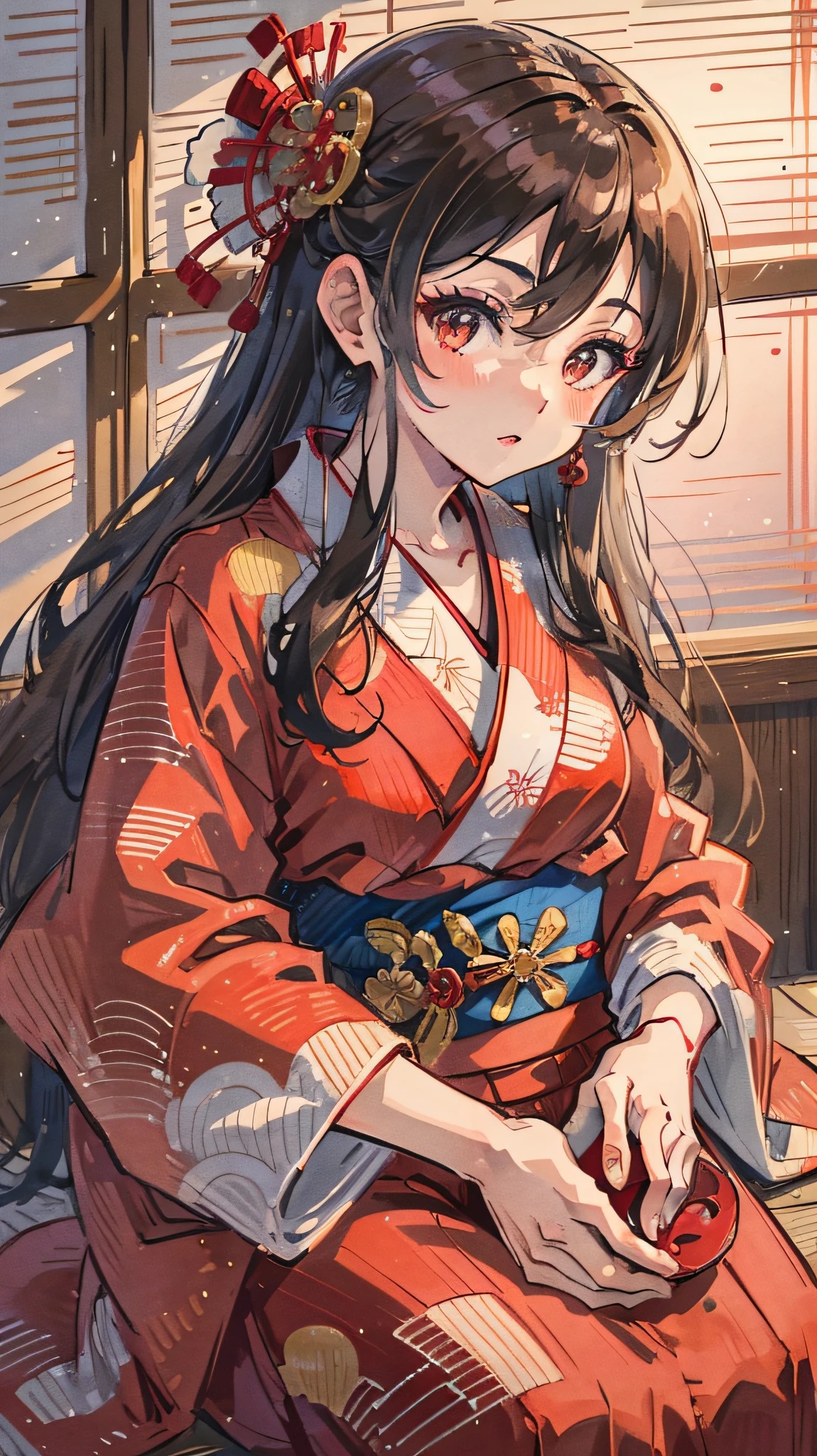 A beautiful asian woman immersed in the memory of love. The sweet fruit was delicately placed in her hand, and the crimson skin contrasted with her porcelain-colored complexion. The fragrance of plum enveloped her, evoking a feeling of nostalgia and yearning. The setting is set in a traditional Japanese tea house, decorated with elegant bamboo furniture and delicate paper lanterns. Soft natural light shines through the curtain, casting soft shadows on the tatami floor. The tranquil koto melody echoes in the background, creating a tranquil atmosphere. A low wooden table is placed in front of her, displaying plum blossoms, the core of the traditional tea ceremony. The mood is contemplative and serene, evoking an appreciation for fleeting beauty. The taste of plum evokes precious memories and blends with the essence of love. An exquisite watercolor painting. The painting will be created using transparent watercolor on textured paper.