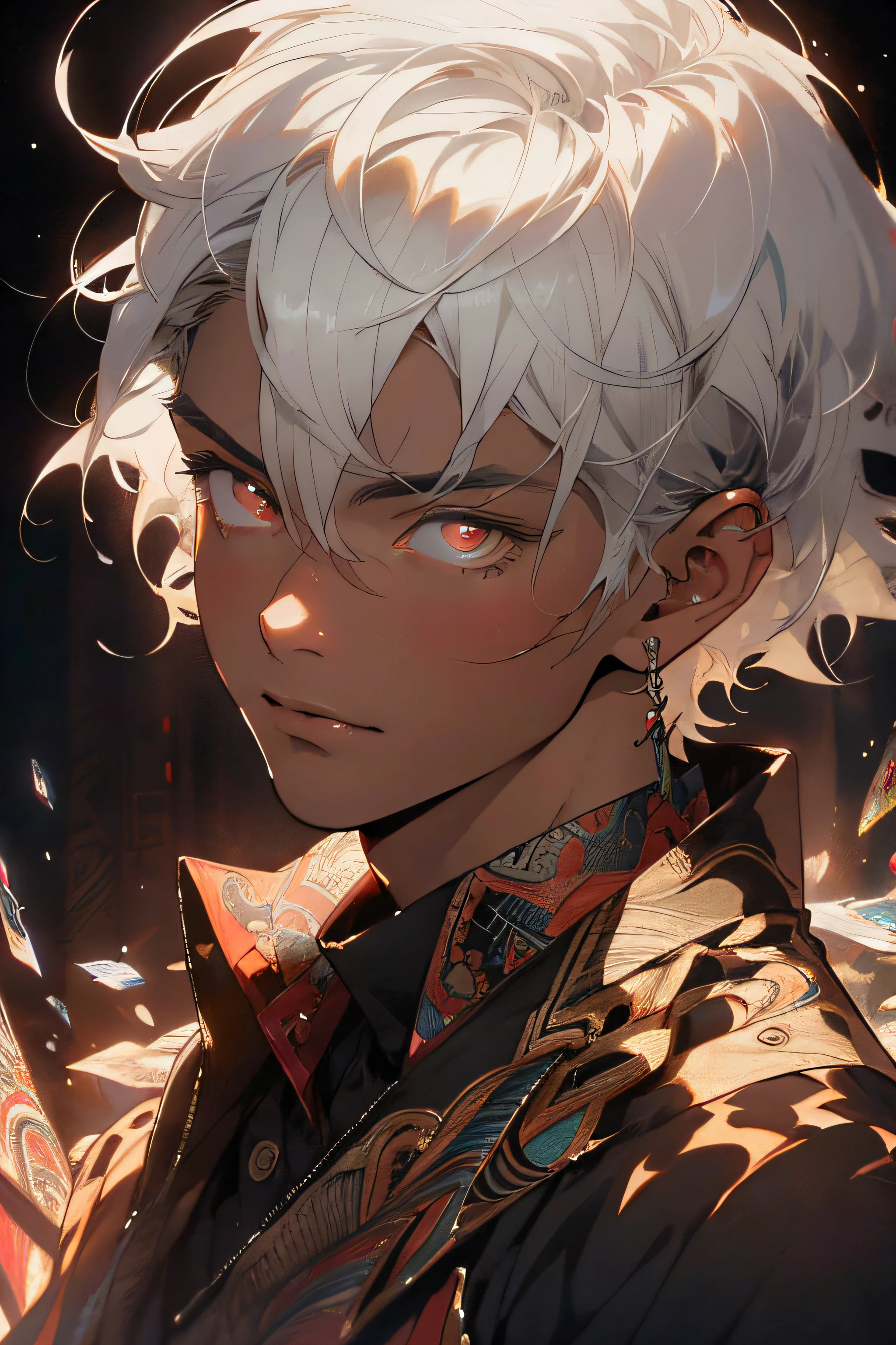 Realistic, (Masterpiece, Top Quality, Best Quality, Official Art, Beauty and Aesthetics: 1.2), Very Detailed, Fractal Art, Colorful, Most Detailed, Zentangle, (Abstract Background: 1.5) (1boy: 1.3), God, White Hair, Short Hair, (Glowing Red Eyes), Mysterious, (Magic), Ice, Handsome Man, Egyptian Style