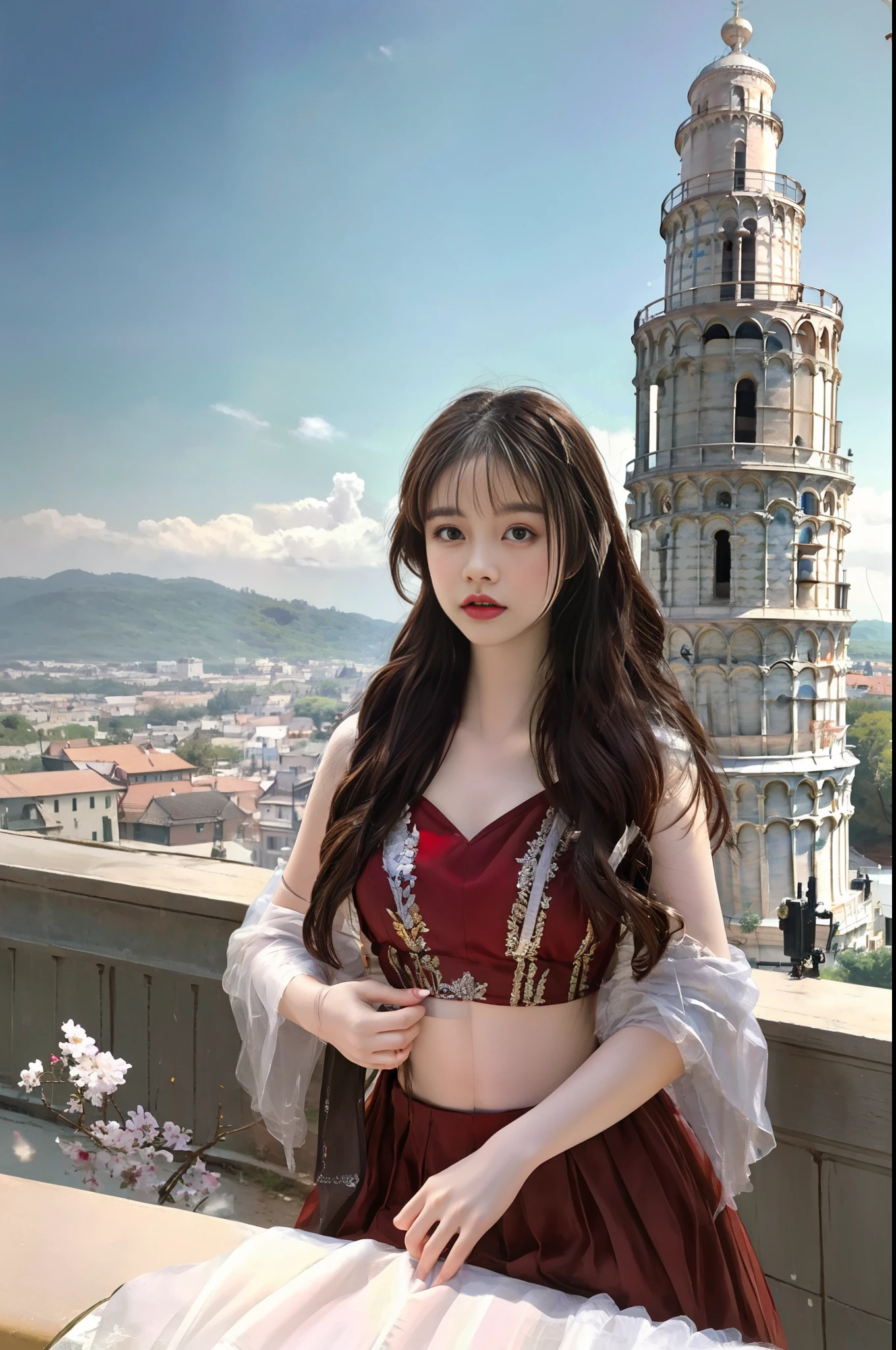 modelshoot style, (extremely detailed CG unity 8k wallpaper),full shot body photo of the most beautiful artwork in the world, stunningly beautiful photo realistic cute women intricately detailed costume, navel,princess eyes,(Leaning Tower Of Pisa background), professional majestic oil painting by Ed Blinkey, Atey Ghailan, Studio Ghibli, by Jeremy Mann, Greg Manchess, Antonio Moro, trending on ArtStation, trending on CGSociety, Intricate, High Detail, Sharp focus, dramatic, photorealistic painting art by midjourney and greg rutkowski