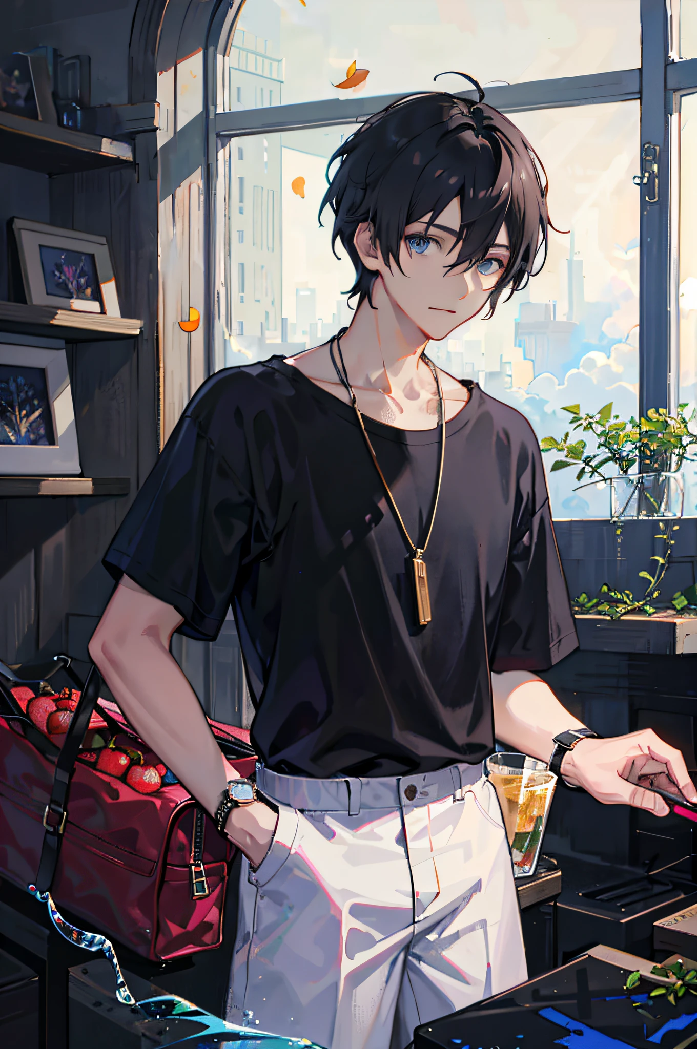 1boy, apple, bag, bangs, berries, black hair, black shirt, blue eyes, hair between eyes, jewelry, leaves, looking at the audience, male focus, necklace, pants, shirt, solo, watch, white pants, watch, messy hair, trends on artstation, 8k resolution, very detailed, anatomically correct, clear images, digital painting, concept art, fashion trends on pixiv, Makoto Shinkai's style, (masterpiece, top quality, best quality, Watercolor (middle), official art, beauty and aesthetics: 1.2), (1girl: 1.3), (fractal art: 1.3), upper body, viewed from the side, looking at the viewer, pattern, (iridescent hair, colored hair, half blue and half pink hair: 1.2), water, liquid, clouds, colorful, starry, stars,