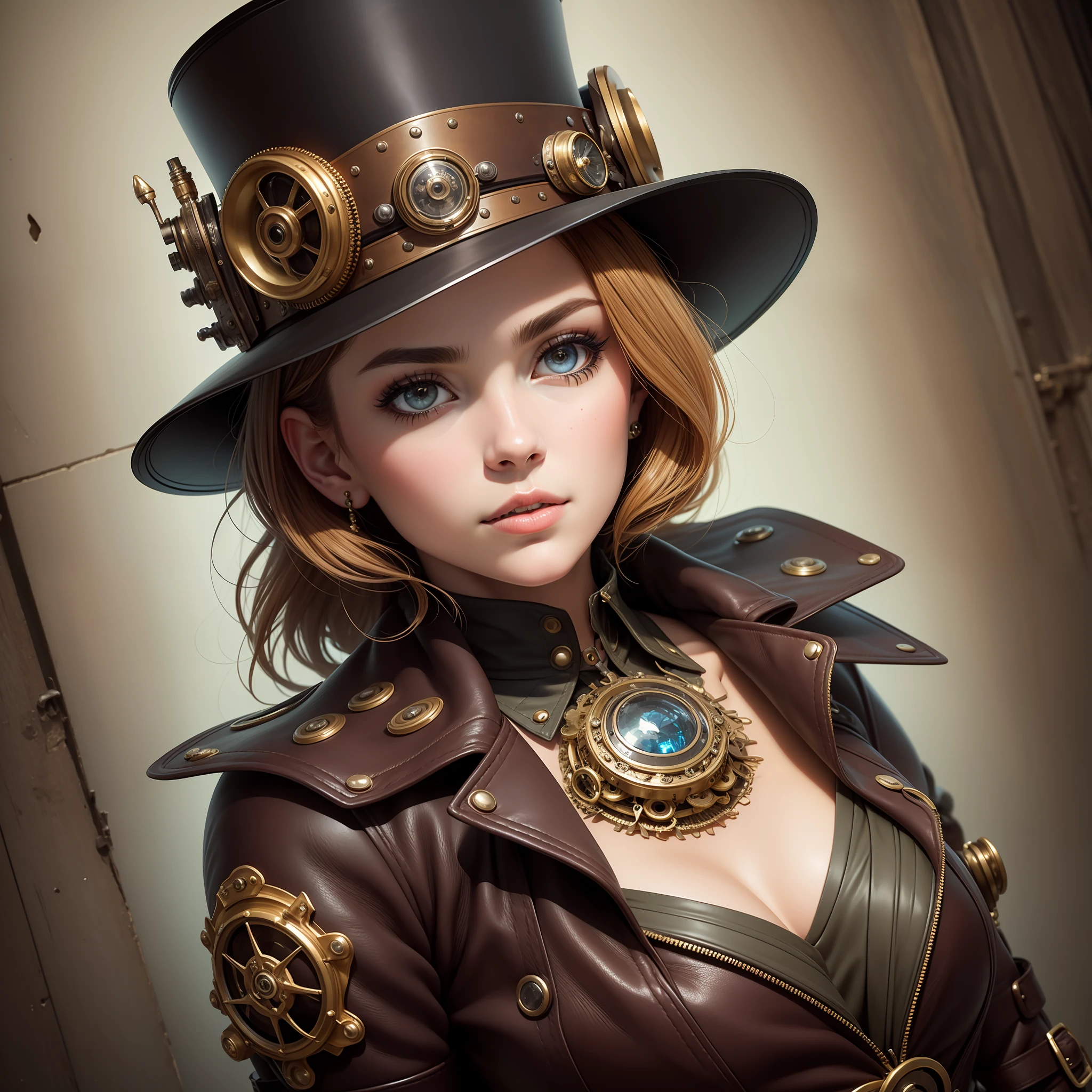 (Intricate Details), 27 years old, Mature beauty,Perfect face, Makeup:1.5, Bright face, Facial details, Medium cut hair,Brown hair,Steampunk,Blouse,Leather vest,Leather pants,Long boots,Top hat,Antique Goggles,Um Home Addressive, Conceptual Art, Realism, Godley, Film Lighting, Multiview, Canon, UHD, High Detail, High Quality, HD, 16k, Centered, Full Length Portrait
