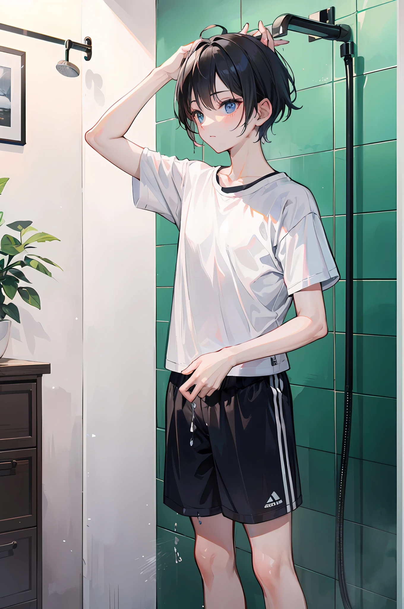 (Male: 2), short sleeves, standing in the bathroom, water flowing from the shower to the boy's head, bathing, boy looking up, (super short hair: 1.5)