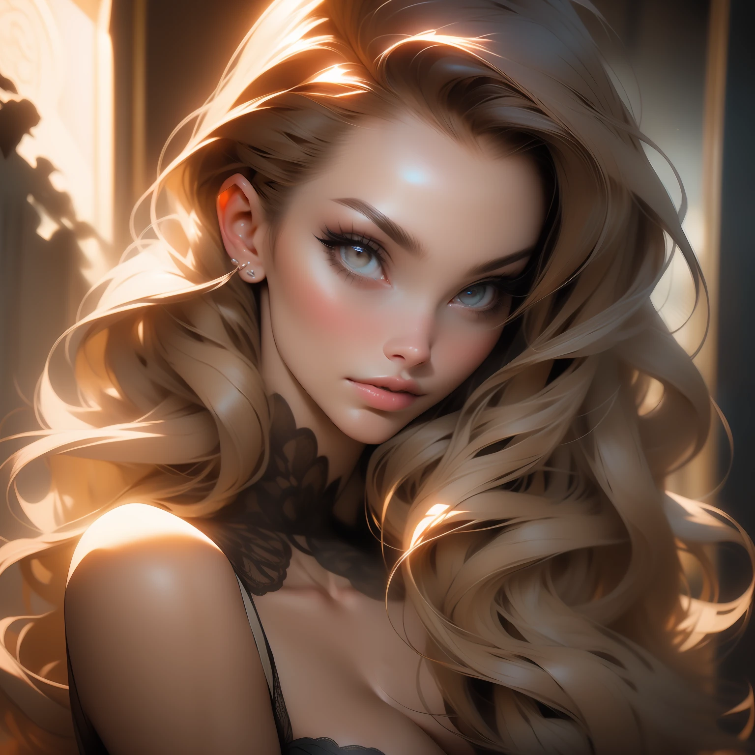 A powerful portrait of a woman with a mysterious and seductive allure. The artwork captures her gaze and expression, drawing viewers into her world. The meticulous attention to detail and intricate artwork masterpiece create a sense of fascination and intrigue. (Inspired by: "25-year-old European girl, raw, beautiful woman, brown hair with extra-long wavy, detailed face, detailed facial features, pale skin, high detail and deep cleavage