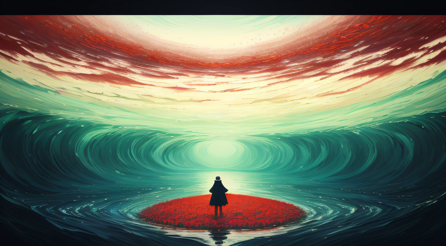 I can't remember the feeling of the beginning
The landscape painting depicted is a devil that deceives angels
Eventually, even the hot heartbeat and lies will end
Counting on my fingers, the last time of freedom
Baring my teeth and howling, just flowing people
The abyss reflected in the water surface
Because it sways and disappears with withered leaves
Because it fades in the waves
Is there a nostalgic memory at the destination led to?
The scars that can boast of time
Blossom vividly and unhealed in red
In the same time, blooming vividly, 
abstract landscape,
(best quality:1.3), (highres:1),
