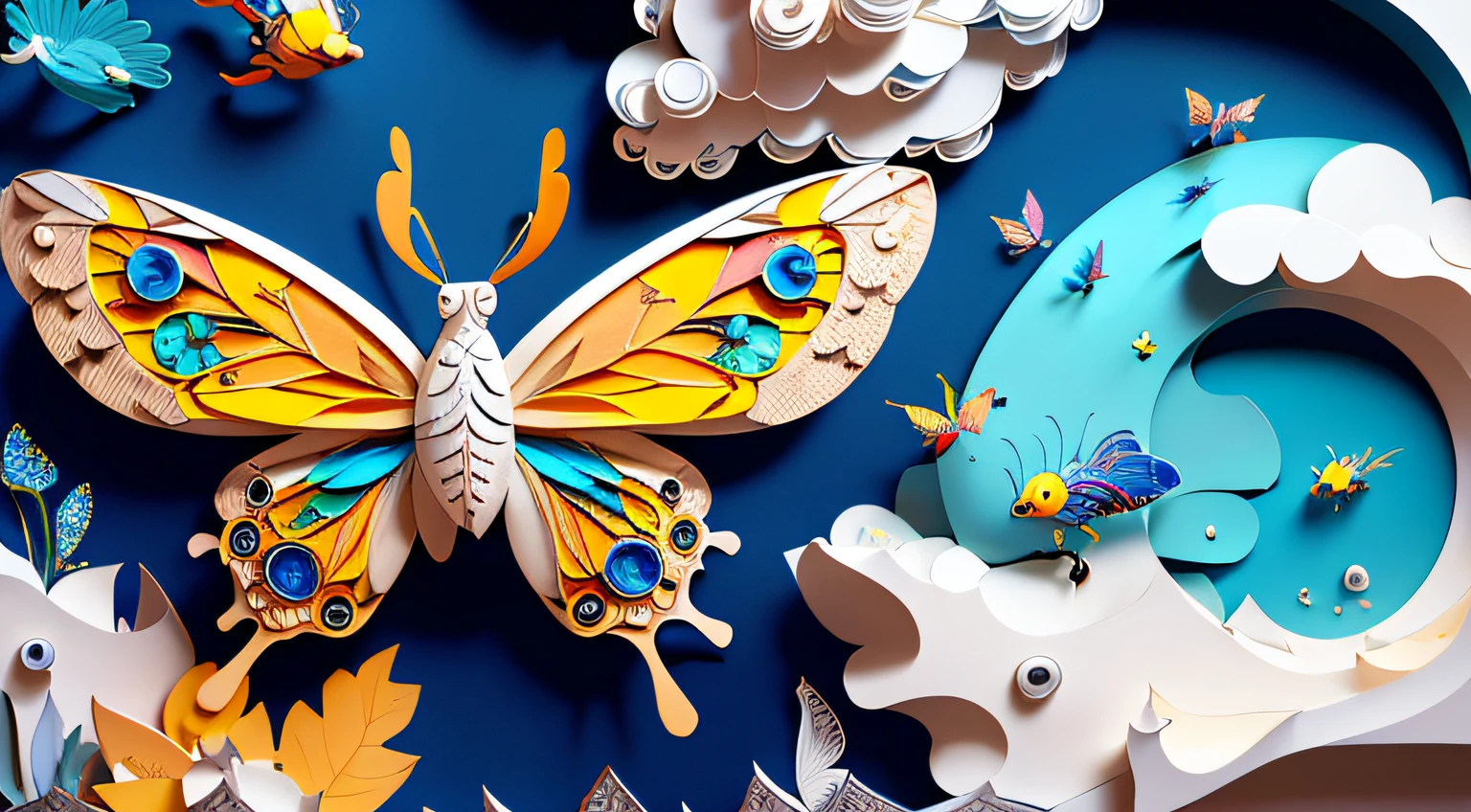 realistic, (best quality, masterpiece:1.3),illustration,big butterfly in the center , floating in the clouds, cloudy sky, paper_cut, pattern, 8k