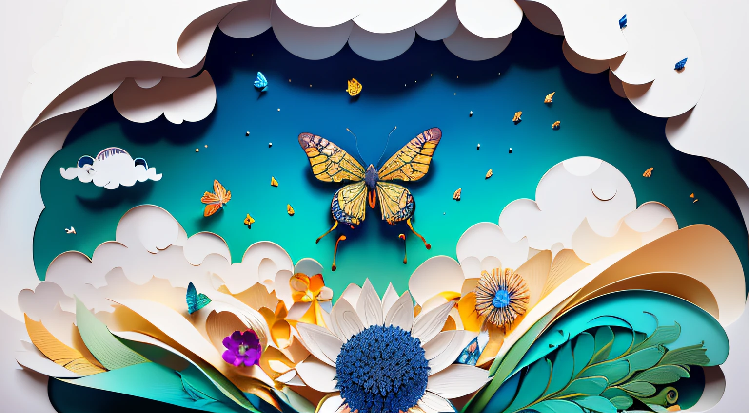 realistic, (best quality, masterpiece:1.3),illustration,big butterfly in the center , floating in the clouds, cloudy sky, paper_cut, pattern, 8k