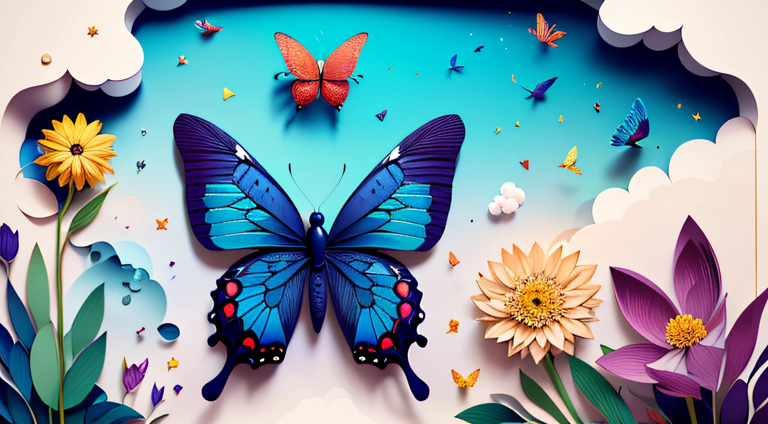 realistic, (best quality, masterpiece:1.3),illustration,big butterfly in the center , floating in the clouds, cloudy sky, paper_cut, pattern, 8k