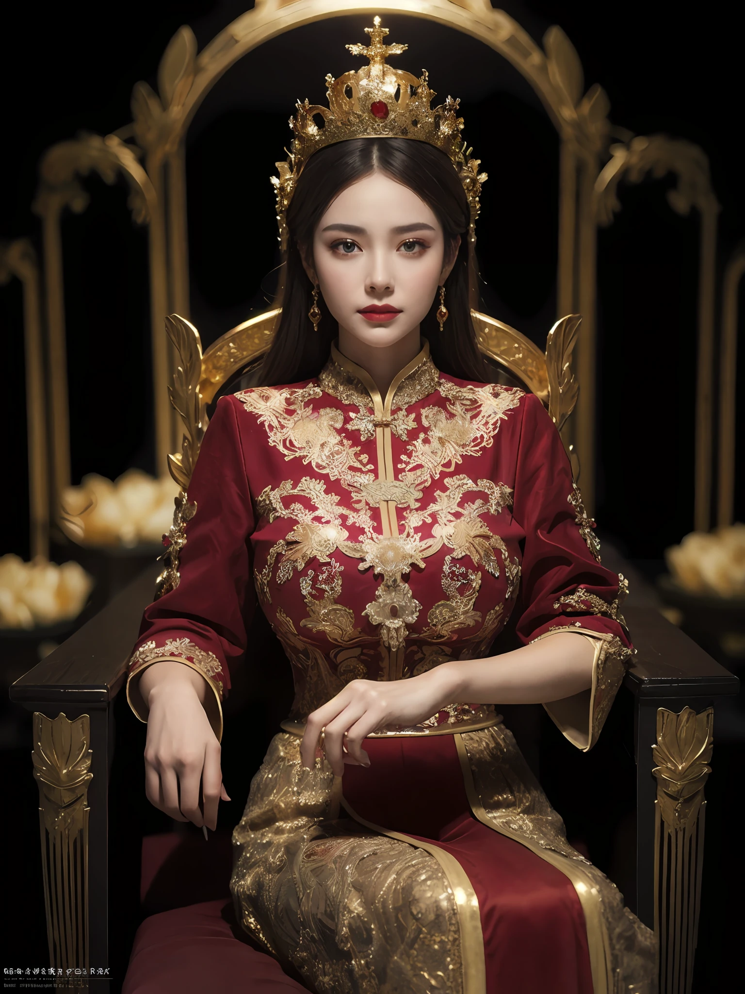 best quality,masterpiece, detailed,intricate details,photorealistic, cinematic lighting,(fantasy art:1.6), (seiza:1.1), (frontal:1.2), upright,royal, majestic, queen, empress,(Huge and magnificent seats:1.4), crown, Frontal close-up, solemnity, throne, upright posture, seriousness, dignity, gaze fixed forward, contemplation, jewels, solo, god rays,1 woman, gold and red dress.queen_meve