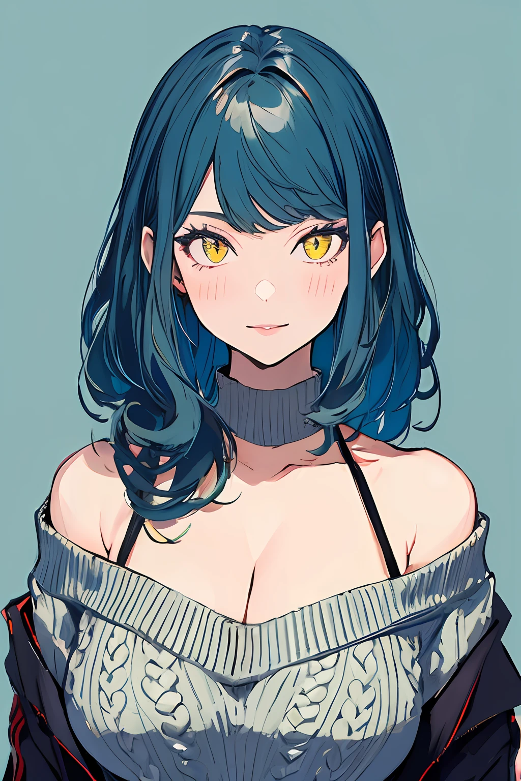 (masterpiece, top quality, best quality, official art, beautiful and aesthetic:1.2),
cateyes,1girl, solo, long hair, (sweater, big breasts, cleavage: 1.2), smile, yellow eyes, looking at viewer, blue hair, grey background, off shoulder, upper body, bare shoulders,
extreme detailed,highest detailed, optical mixing, playful patterns, lively texture, unique visual effect