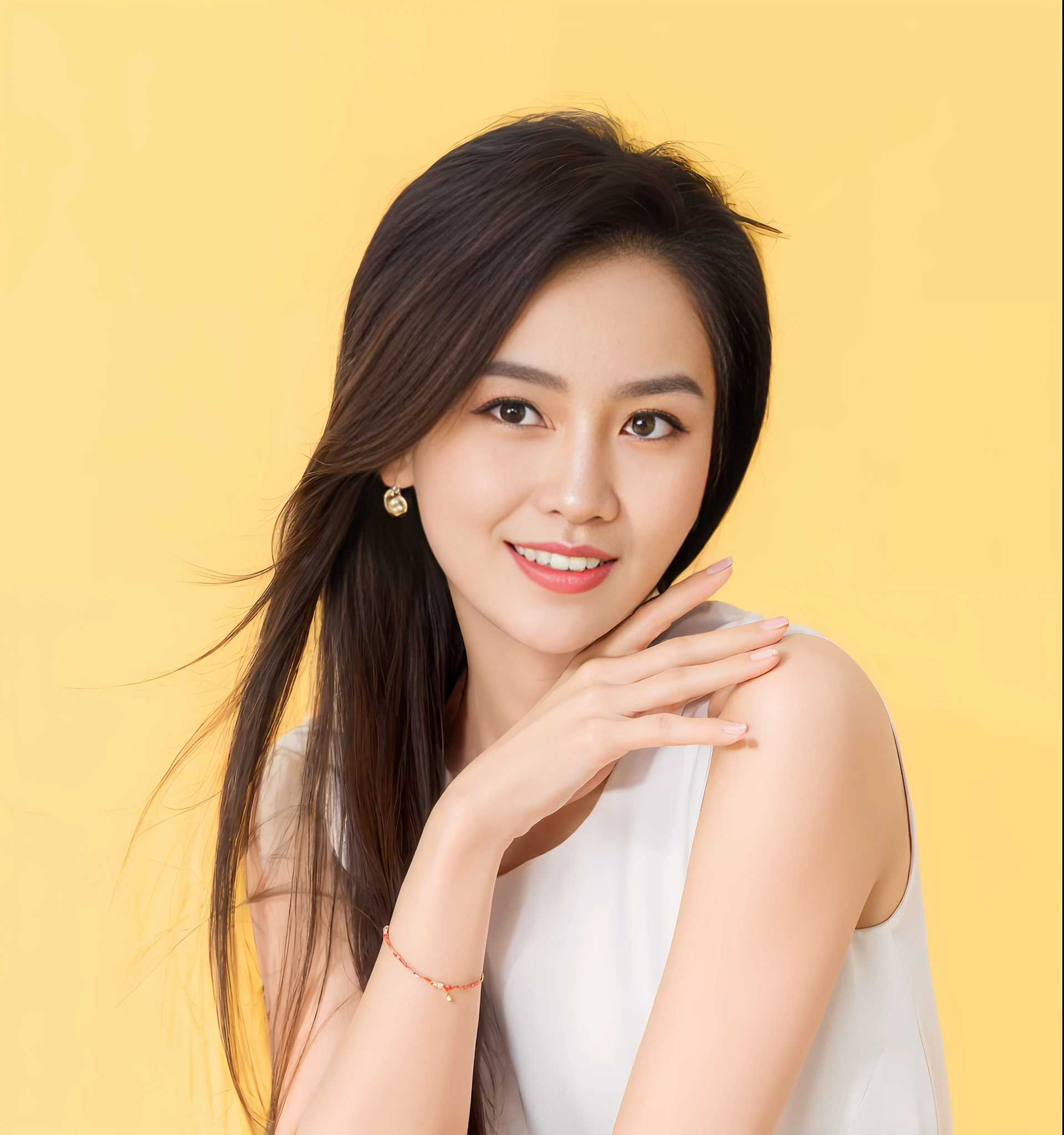 arafed woman with long hair posing for a picture in front of a yellow background, beauty woman, a young asian woman, an asian woman, photoshoot for skincare brand, chinese woman, young asian woman, beautiful young korean woman, beautiful young asian woman, woman with porcelain skin, beautiful asian woman, gorgeous young korean woman, korean woman, asian woman
