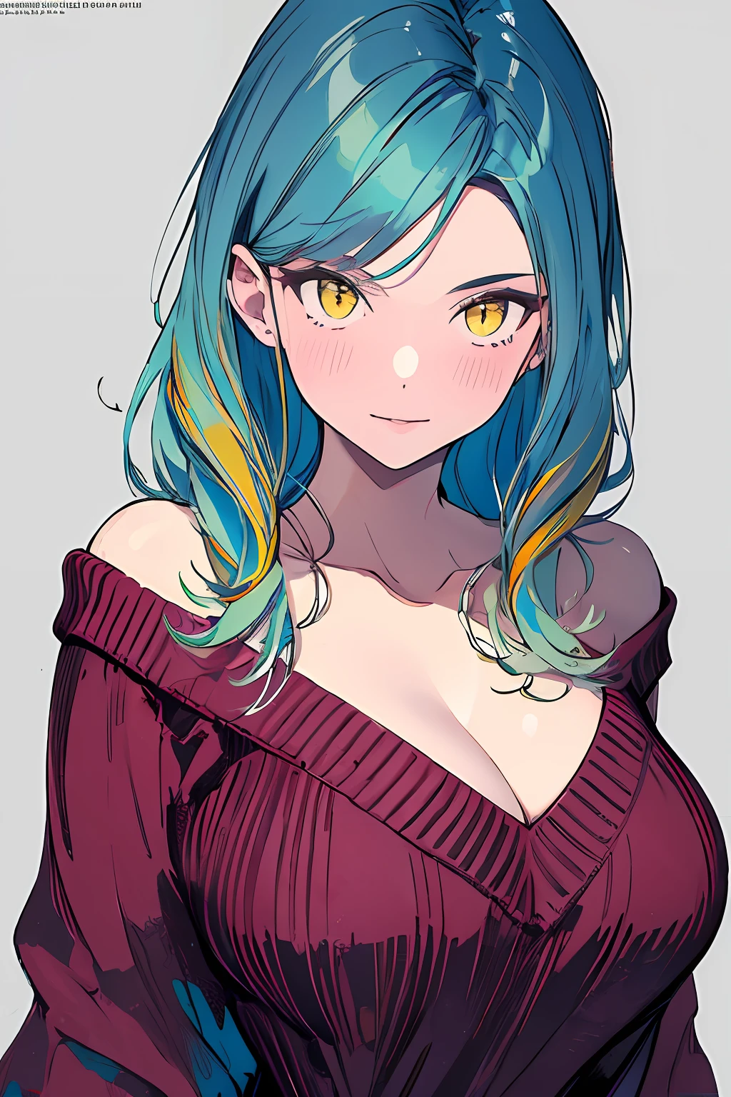 (masterpiece, top quality, best quality, official art, beautiful and aesthetic:1.2),
cateyes,1girl, solo, long hair, (sweater, big breasts, cleavage: 1.2), smile, yellow eyes, looking at viewer, blue hair, grey background, off shoulder, upper body, bare shoulders,
extreme detailed,highest detailed, optical mixing, playful patterns, lively texture, unique visual effect