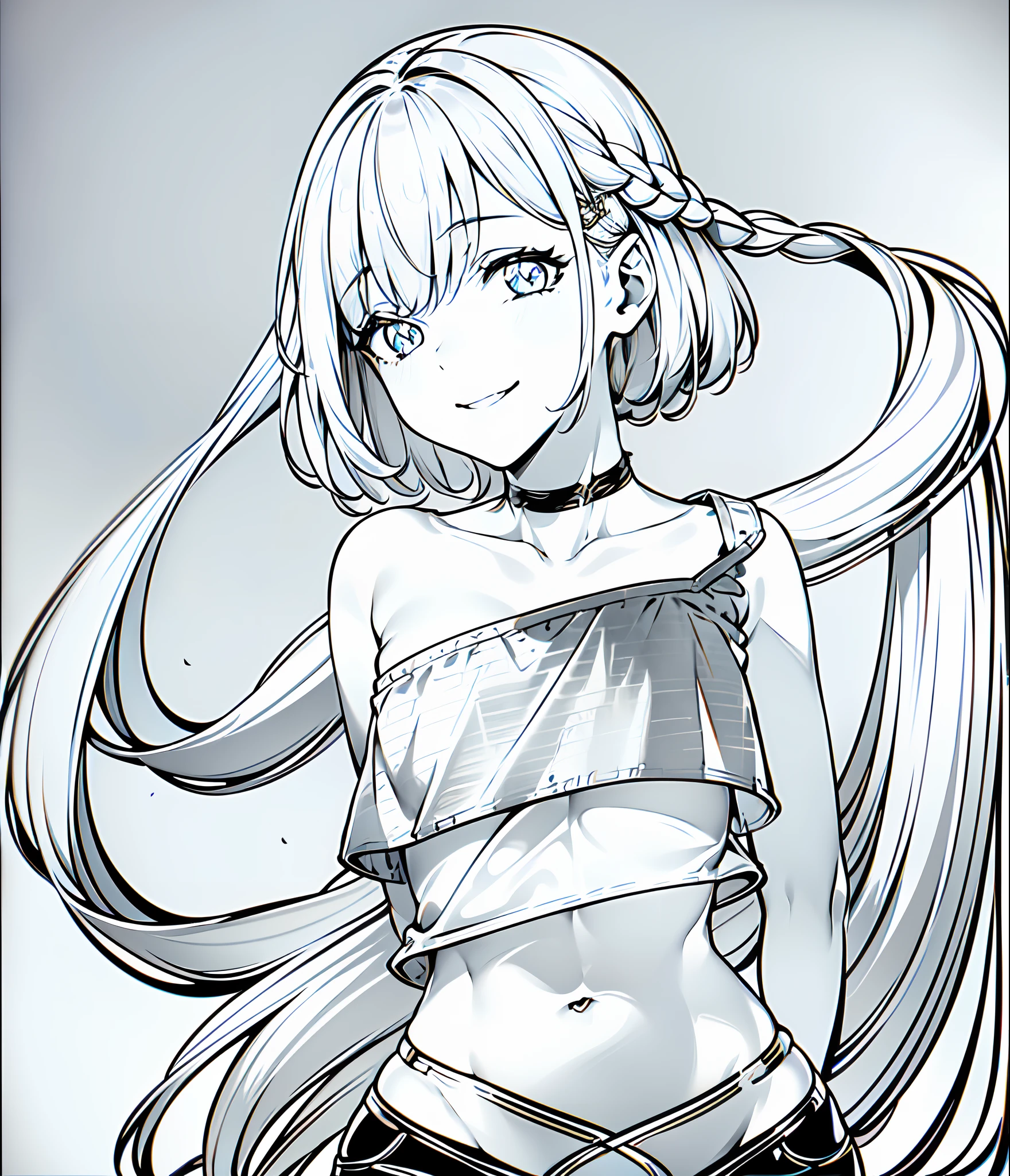 1girl, (solo:1.2), ((masterpiece)), slim, small chest, pale skin, ((detailed eyes)), (bokeh effect), (dynamic angle), dynamic pose, (lineart), (monochrome), braids, black pants, smile, (mischievous), evil, mage, magic, tiara, (white top:1.5), (medium shot)