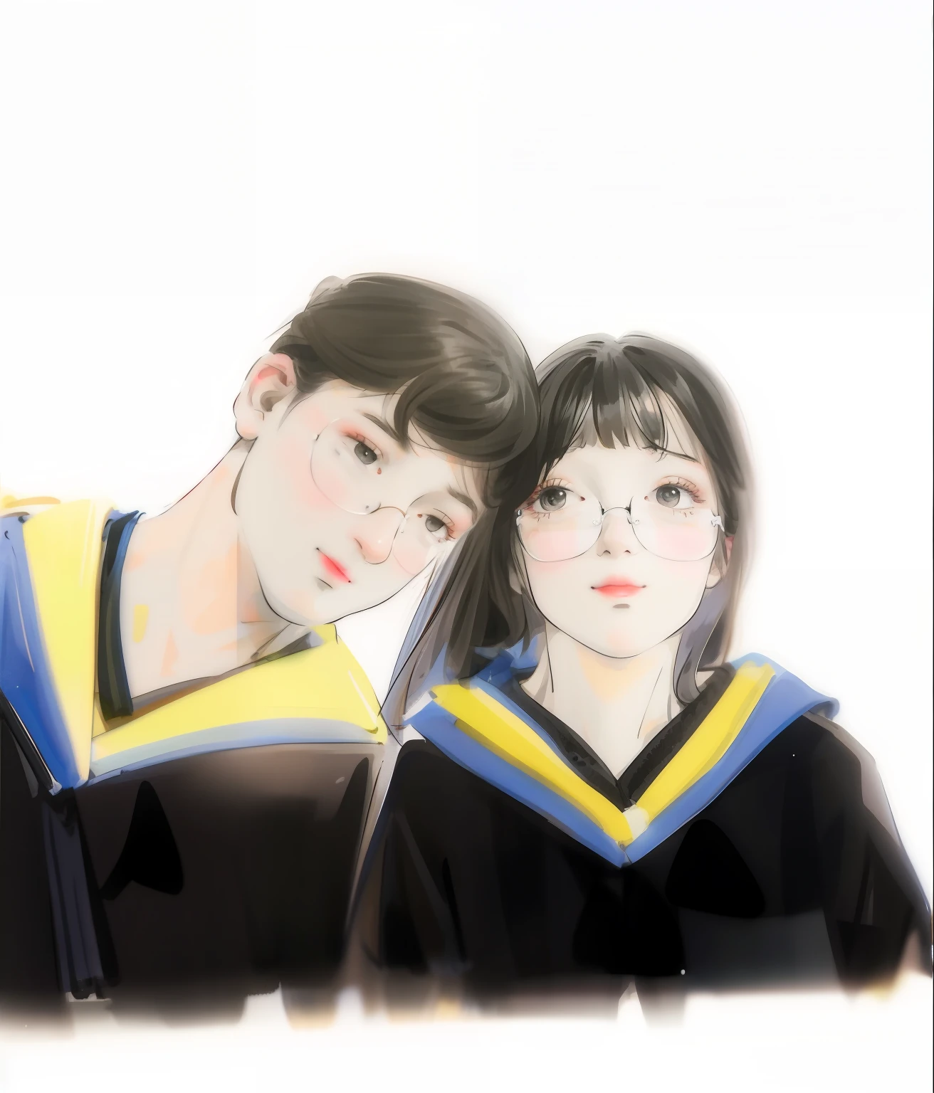 Draw a group photo of a couple dressed in graduation robes, portrait of two people, couple portrait, graduation photo, couple portrait, NFT portrait, academic painting