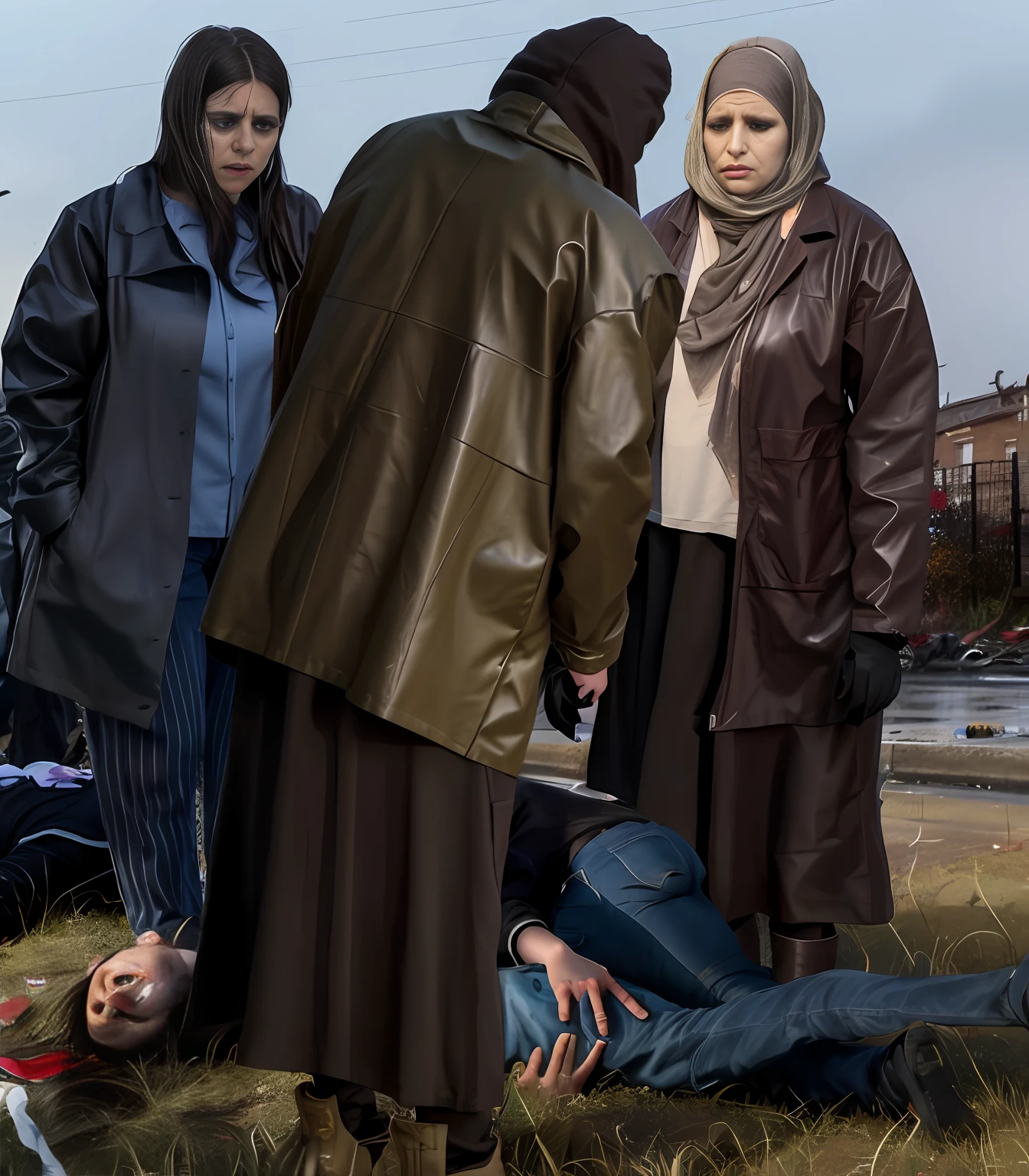 theatralic first-aid-drama, an outdoor scene in autumn in the background, rainy weather scene, injury scene, a man has fallen and is lying injured on the ground, women are caring for a fallen man that is lying injured on the ground, several women are attending to the injured man on the ground, women in shiny and wet coats are taking care for a lying male injury victim, several women in very high shine leather clothing, several women are giving medical treatment to a wounded man in a street, accident, first aid, help to a wounded man, first aid for an injured male, an injured man on the ground in matte jeans and cotton shirt, a man in jeans and shirt is lying on the ground and writhing in intense pain, there is an injured man lying in pain on the ground and covering his agonised and suffering face with his hands, several women are giving first aid to an injured man who is lying in pain on the ground, all the women beside the injured lying man are wearing very shiny waterproof clothes, dramatic action scene, hyperrealistic, photorealistic, photo, ultra realistic, theatralic pity pose, celebrating first aid, all of the women are looking very concerned and sad, the shocked women have tears in their eyes, the women are looking very furious and are desperately shouting out for help