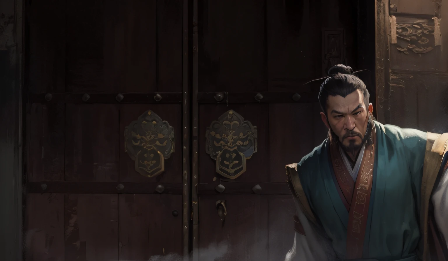 Arafod man in green and white robe standing in front of the door, inspired by Zhang Senyao, painting as game concept art, monk concept art, inspired by Cao Zhibai, inspired by Dong Yuan, Ismail Inseogloo and Ruan Jia, Feng Zhu concept art, painting concept art, inspired by Feng Zhu, Chinese Antique, Night, Antiquity --auto