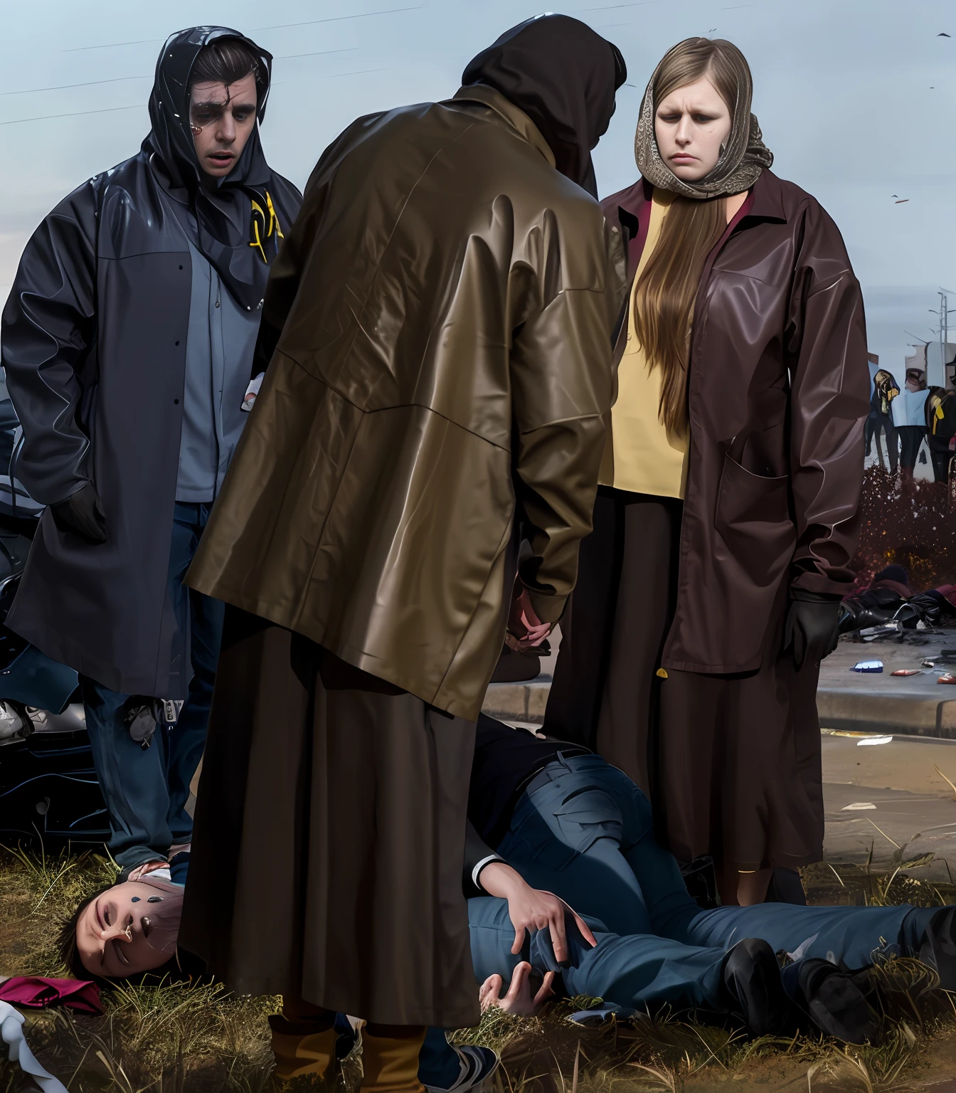 theatralic first-aid-drama, an outdoor scene in autumn in the background, rainy weather scene, injury scene, a man has fallen and is lying injured on the ground, women are caring for a fallen man that is lying injured on the ground, several women are attending to the injured man on the ground, women in shiny and wet coats are taking care for a lying male injury victim, several women in very high shine leather clothing, several women are giving medical treatment to a wounded man in a street, accident, first aid, help to a wounded man, first aid for an injured male, an injured man on the ground in matte jeans and cotton shirt, a man in jeans and shirt is lying on the ground and writhing in intense pain, there is an injured man lying in pain on the ground and covering his agonised and suffering face with his hands, several women are giving first aid to an injured man who is lying in pain on the ground, all the women beside the injured lying man are wearing very shiny waterproof clothes, dramatic action scene, hyperrealistic, photorealistic, photo, ultra realistic, theatralic pity pose, celebrating first aid, all of the women are looking very concerned and sad, the shocked women have tears in their eyes, the women are looking very furious and are desperately shouting out for help
